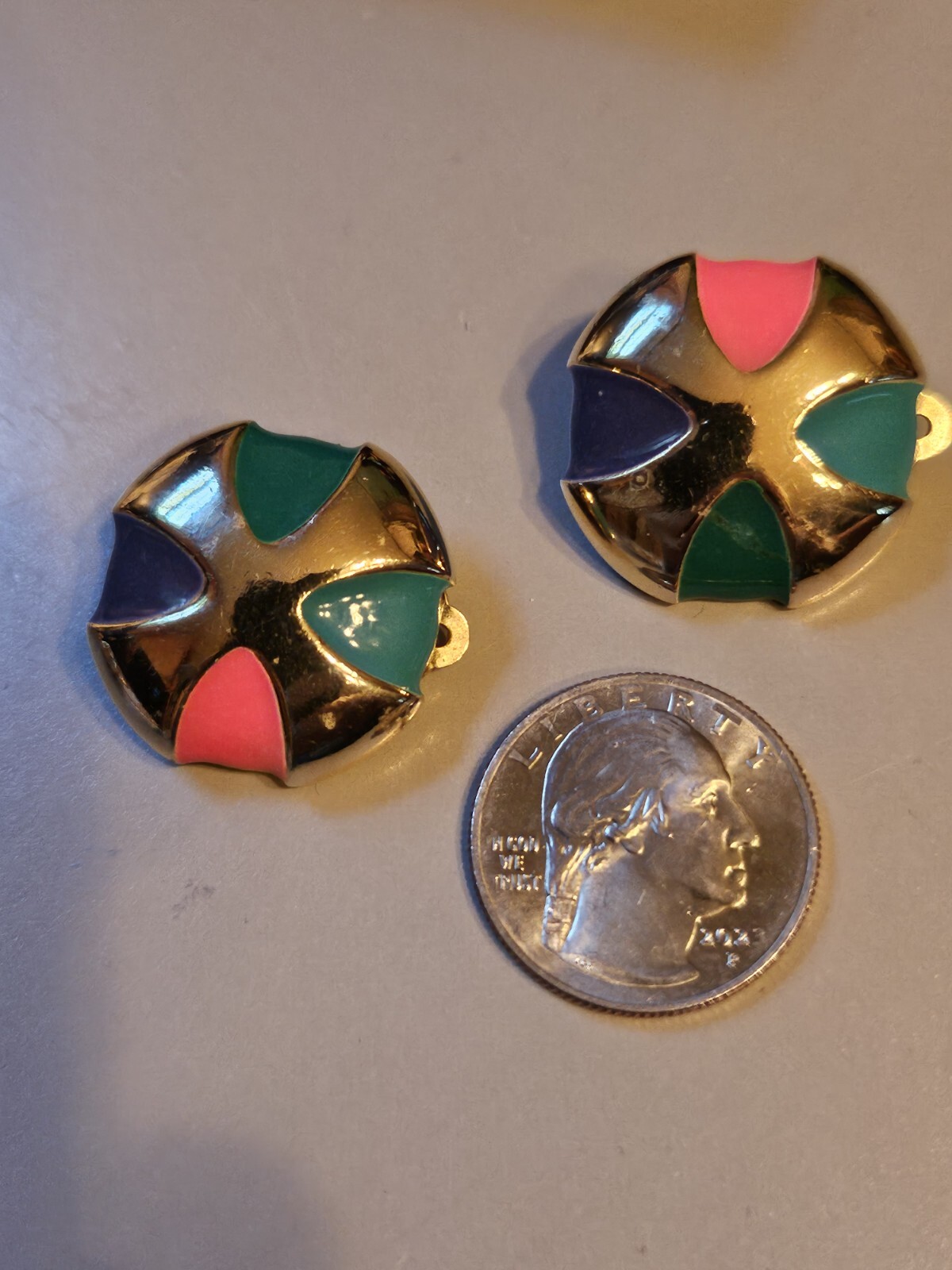 Vintage Gay Boyer Multi Color Enamel Gold Tone Clip On Earrings