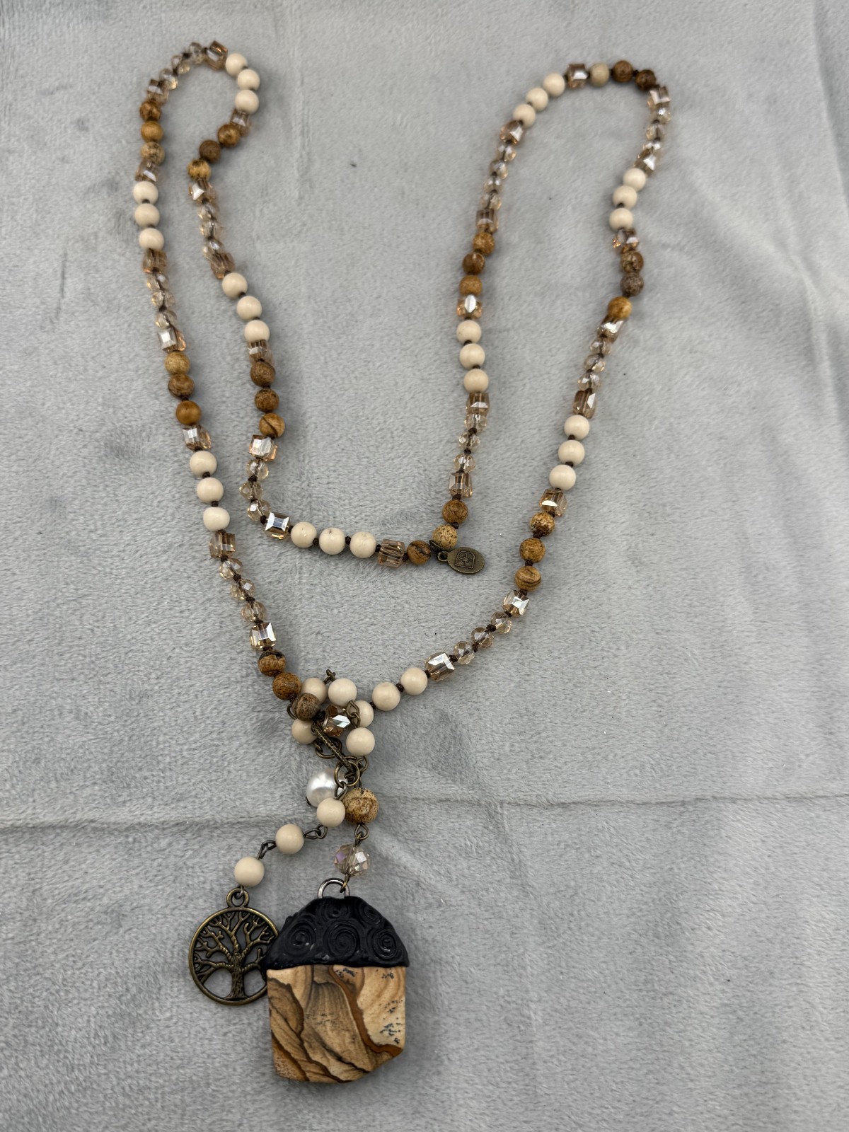 Bohemian Necklace Brown White Beads Carved Pendant Gold Tone 32″