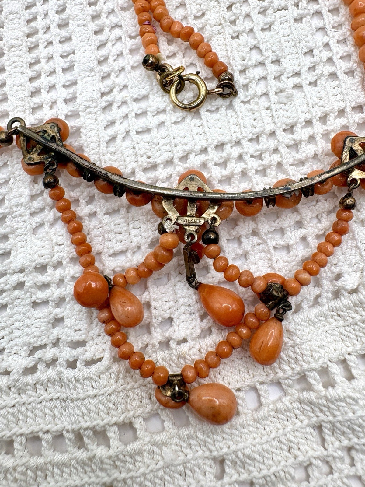 Antique Sterling Natural Mediterranean Salmon Coral Festoon Dangle Necklace 16”