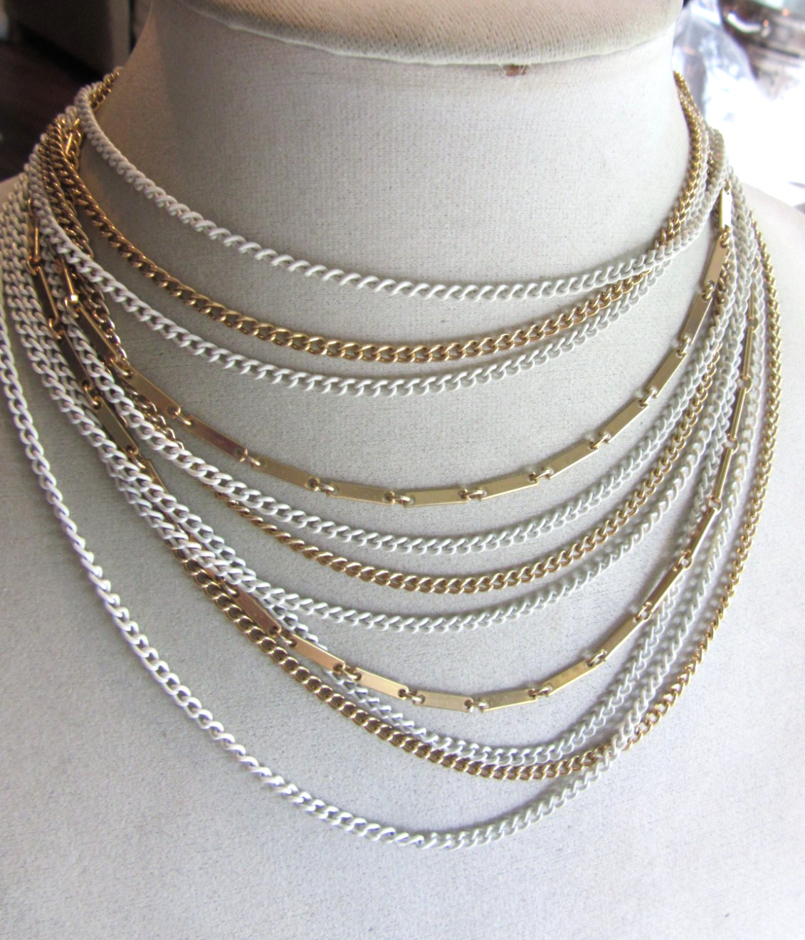 Vintage 10-chain white enameled and gold tone chains necklace -14″ long