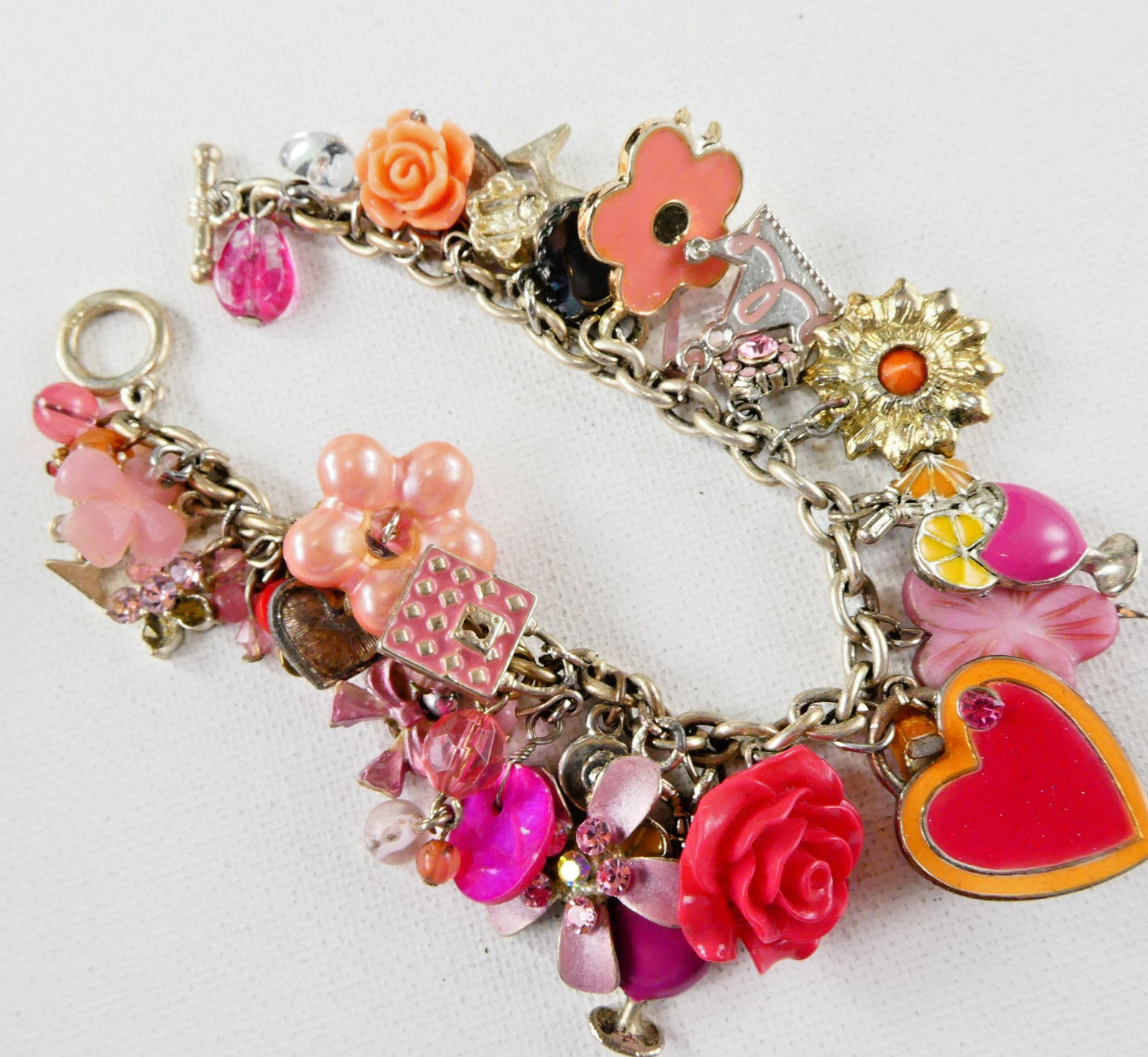 Vintage PINK Flower Charm Bracelet Floral Hearts Enamel Rhinestones Toggle Clasp