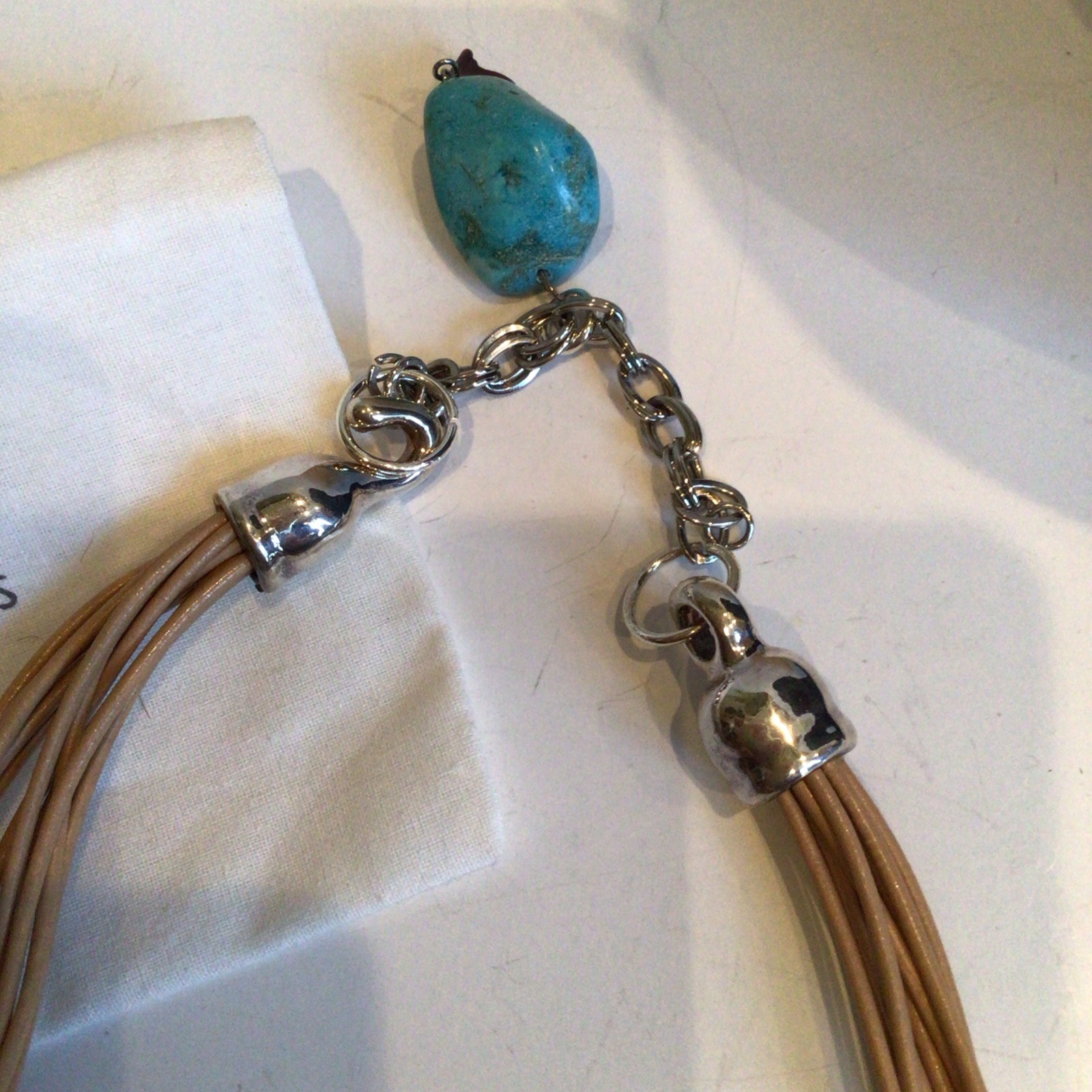 SPECIAL SEBBAG VON MUSULIN NECKLACE STERLING TURQUOISE LEATHER W PENDANT,EXTEND