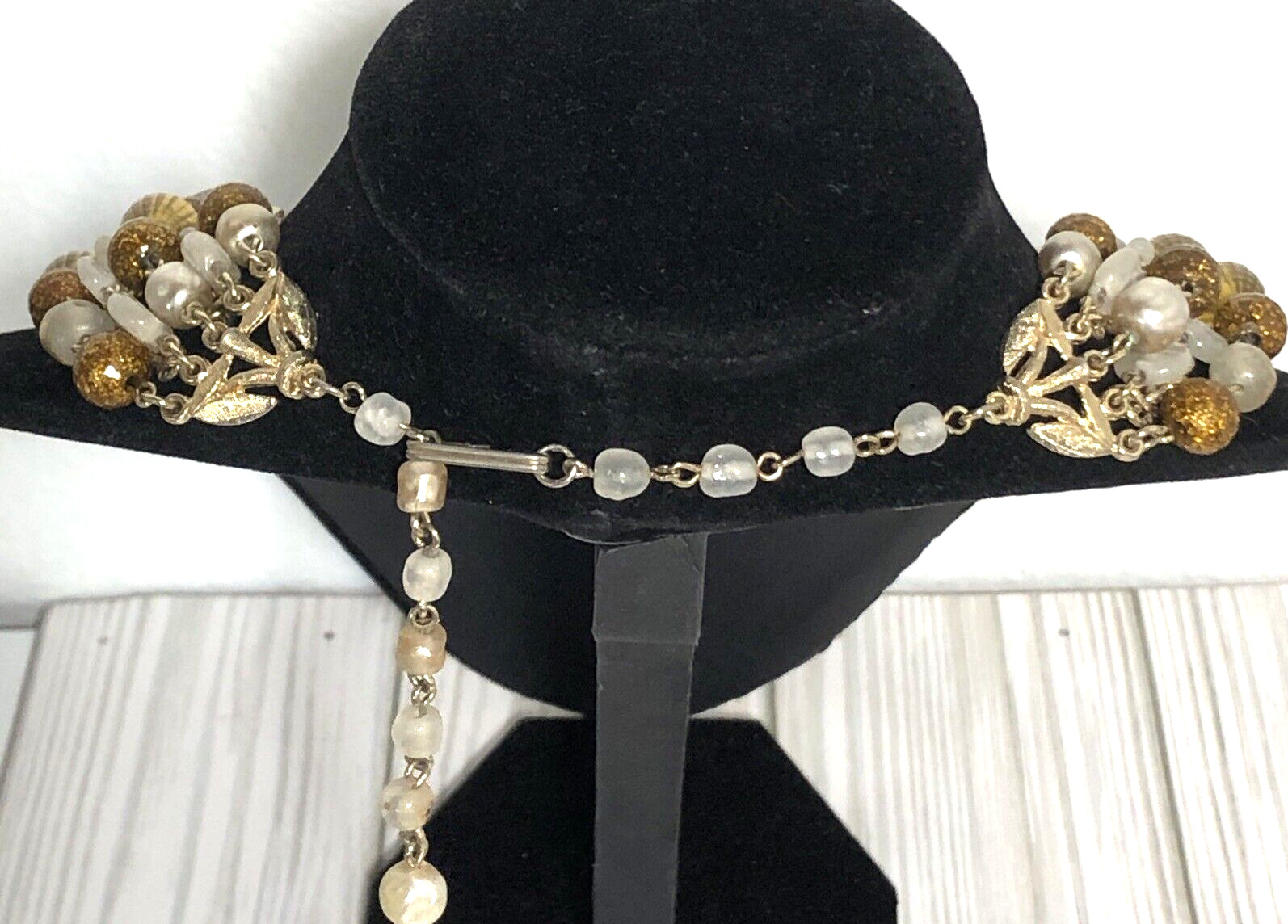 Vintage White Gold Tone Ball Beaded Chain Multistrand Textured Necklace