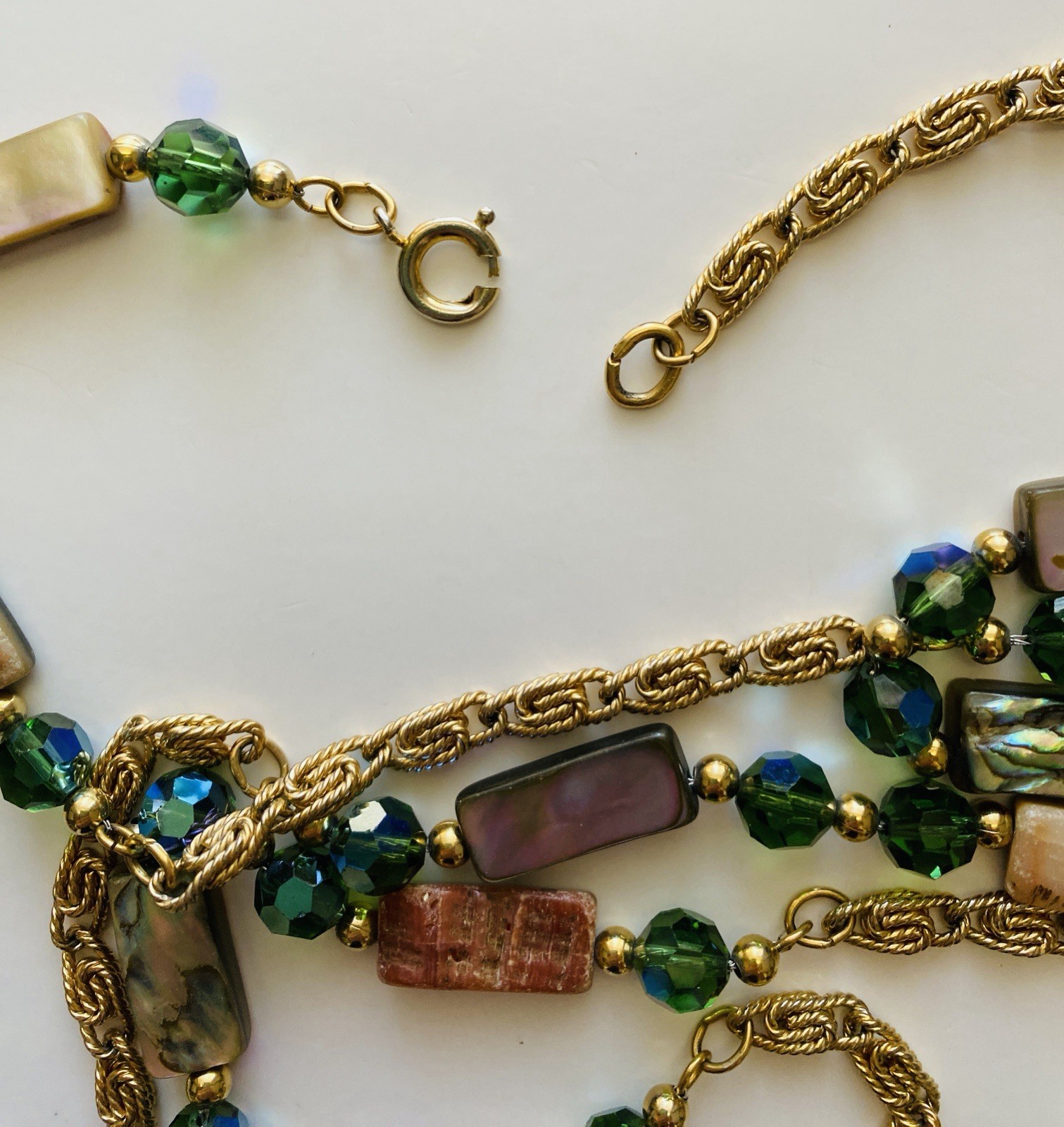 Vintage 80s NAPIER Necklace Abalone Mother Of Pearl & Green Crystals Boho Chic