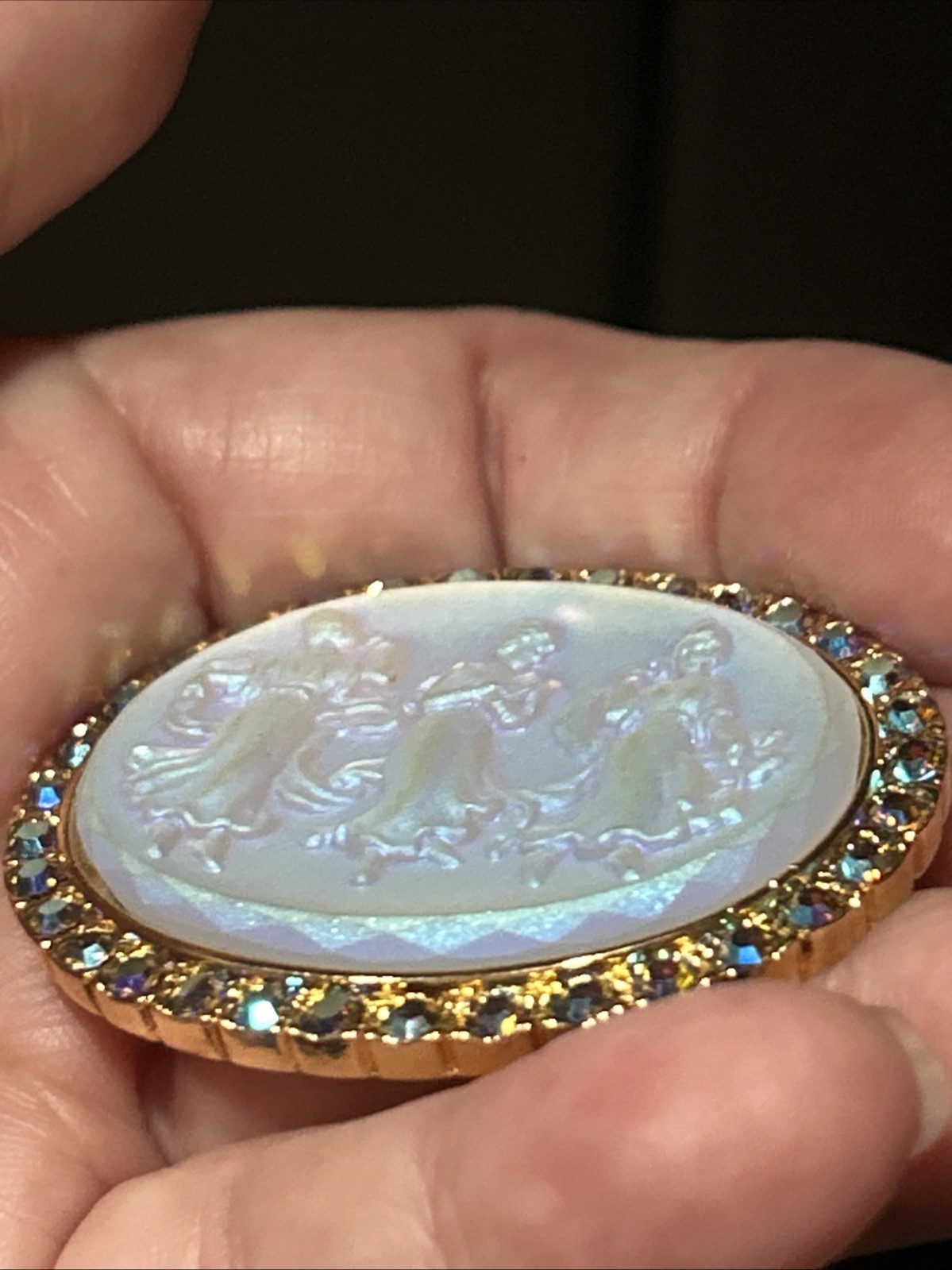 Vintage Kirk’s Folly Camphor Iridescent Glass 3 Dancing Maidens Brooch AB Stones