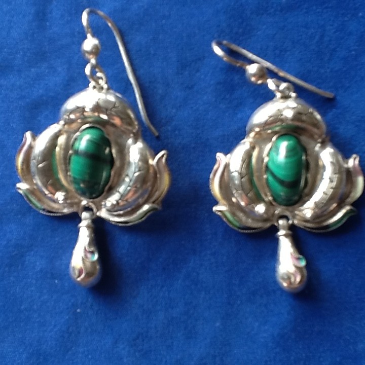 Ring & Earrings Vintage Sterling Silver Green Malachite and Enamel Jewelry Set