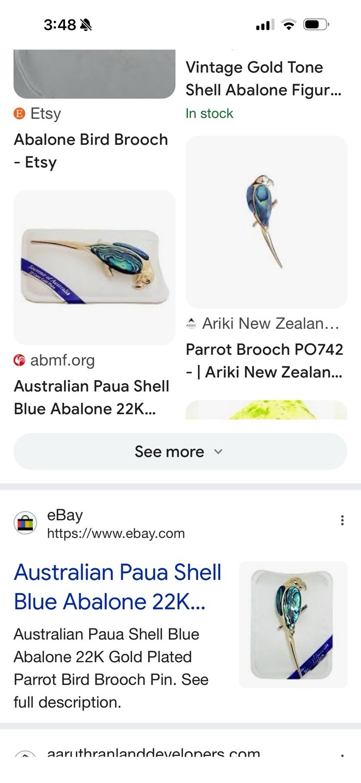 22K GP Gold Plated Ariki Paua Abalone Shell Parrot Bird Wings Brooch Pin