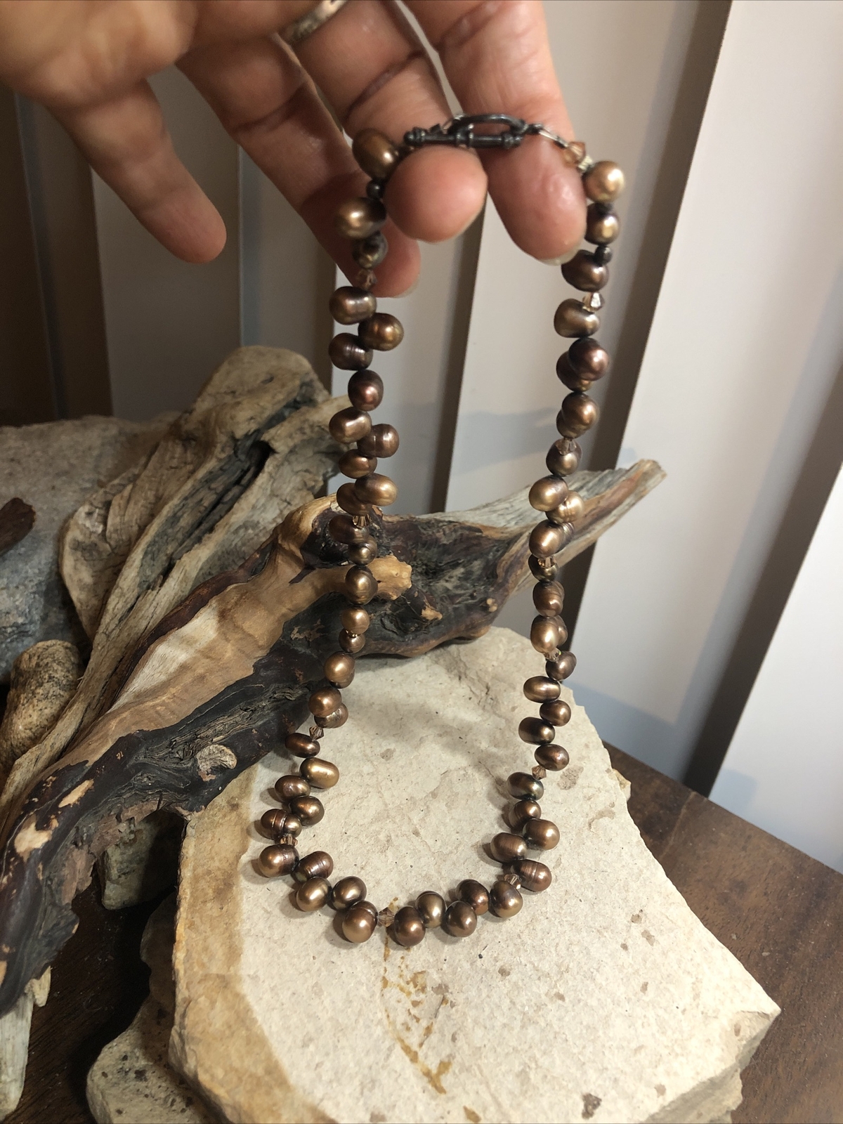 Vintage 925 Sterling Silver Root beer Pearl Bead Beaded Toggle Necklace 44g