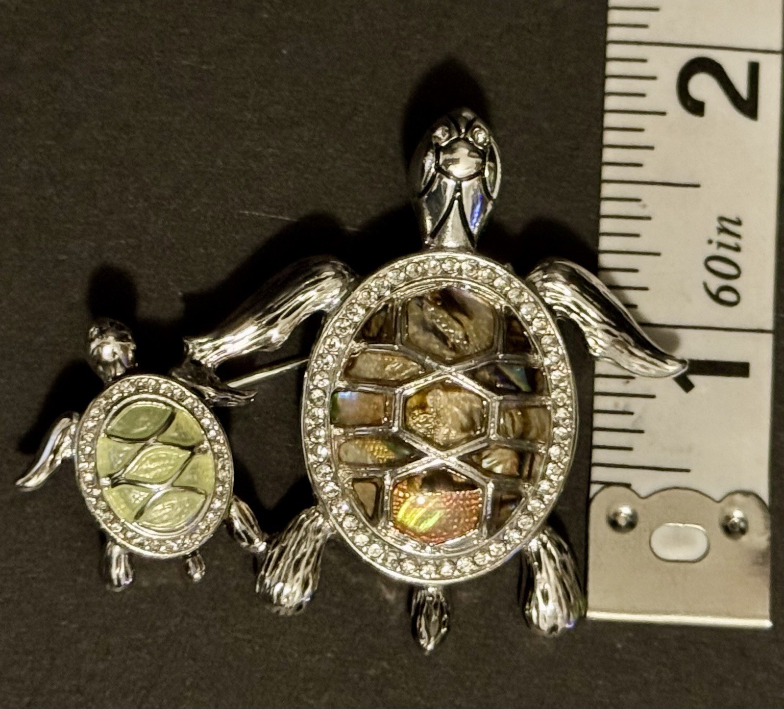 Vintage Napier Mom & Baby Turtle Pin Brooch Silver Tone Abalone Rhinestone Eyes