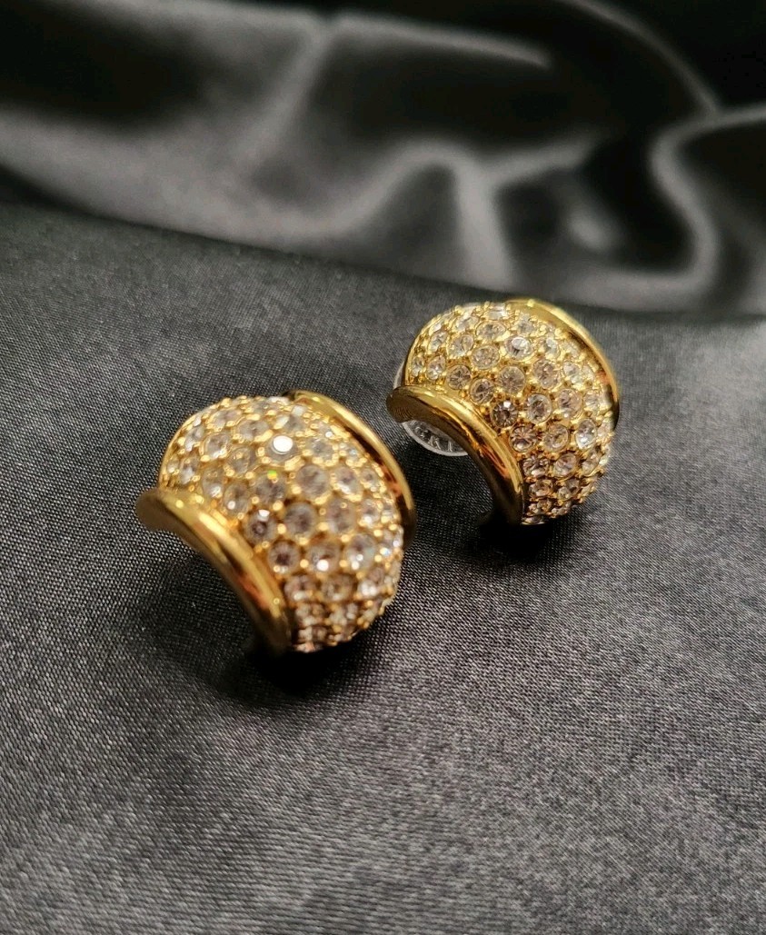 Vintage Signed Swarovski Gold Tone Pave Crystal Dome Barrel Stud Earrings