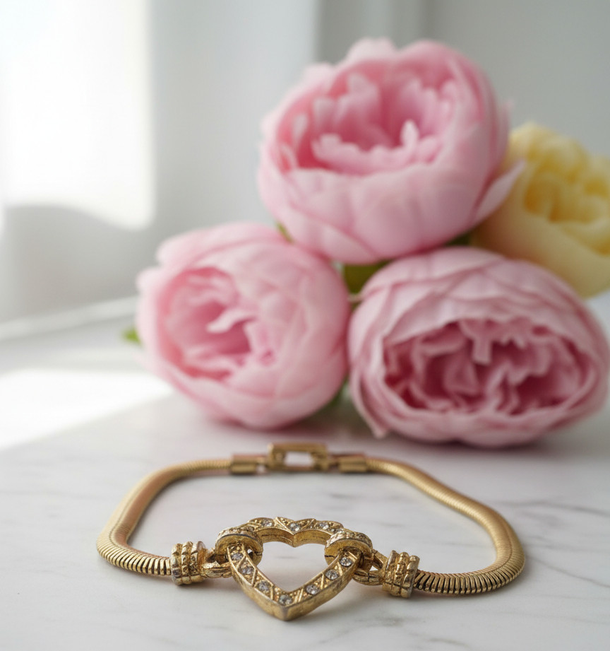Gold Tone Open Heart Crystal Pave Herringbone Chain Bracelet 7.25 In Vintage