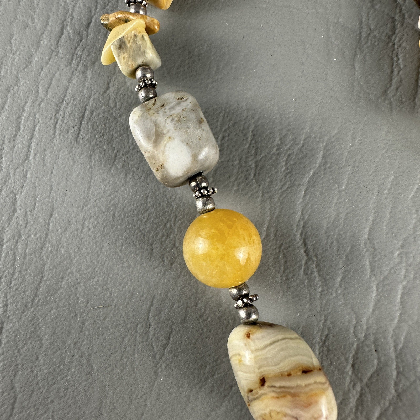 Vintage CW Sterling Silver Stone Bead Necklace Yellow Gray 16″