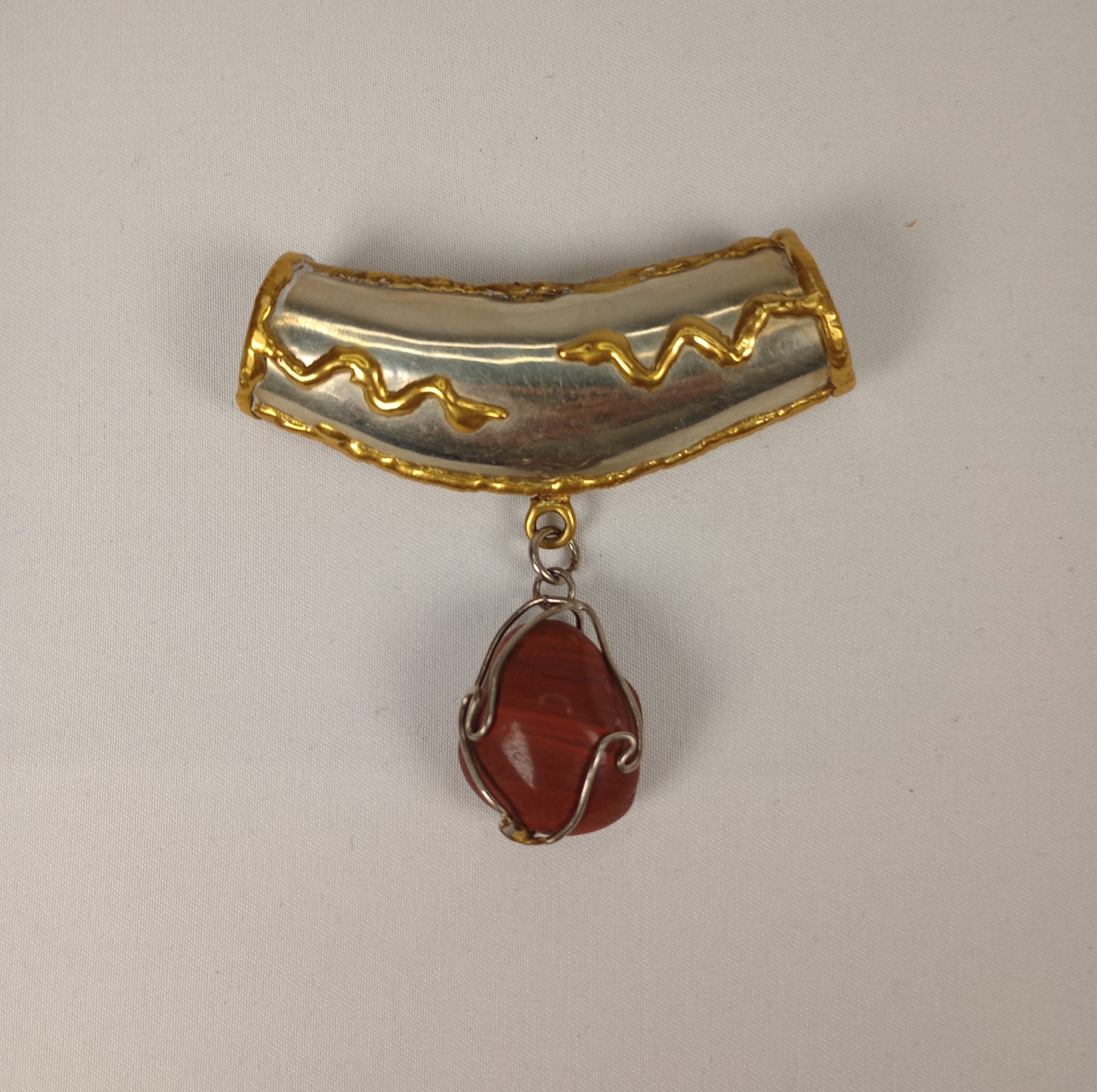 Vintage Modernist Snake Slide Pendant Mixed Metal Red Agate Jasper Artisan