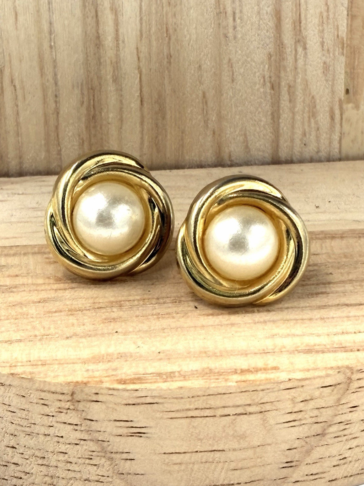 Vintage Faux Pearl Love Knot Swirl Stud Earrings Gold Tone Post Back