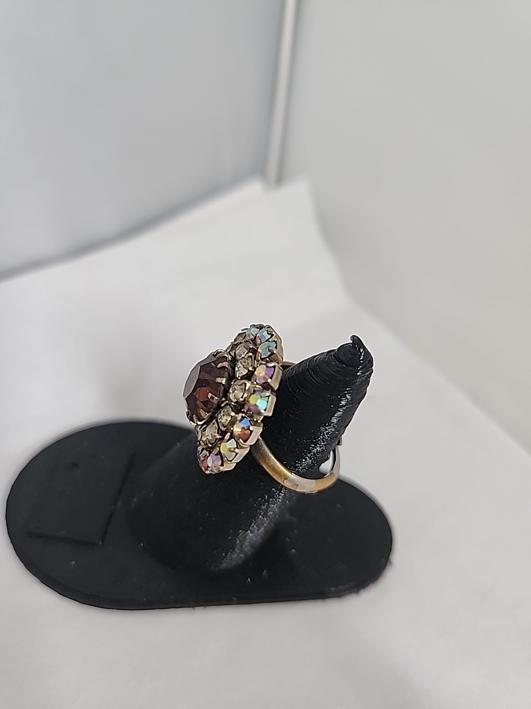 Vintage Topaz Clear Aurora Borelis Rhinestone Cocktail Adjustable Ring