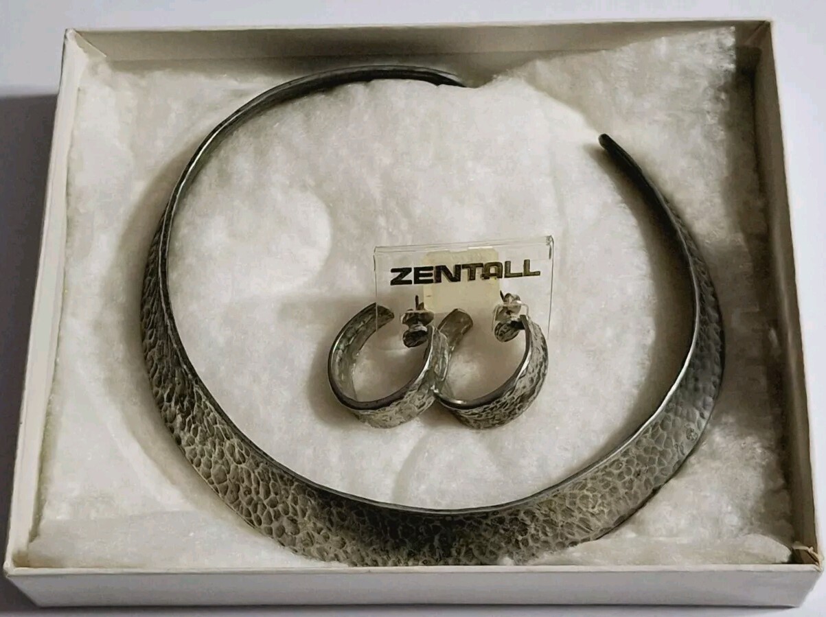 VTG ZENTALL AM PEWTER HAMMERED CHOKER COLLAR NECKLACE WITH HOOP EARRINGS (RARE)
