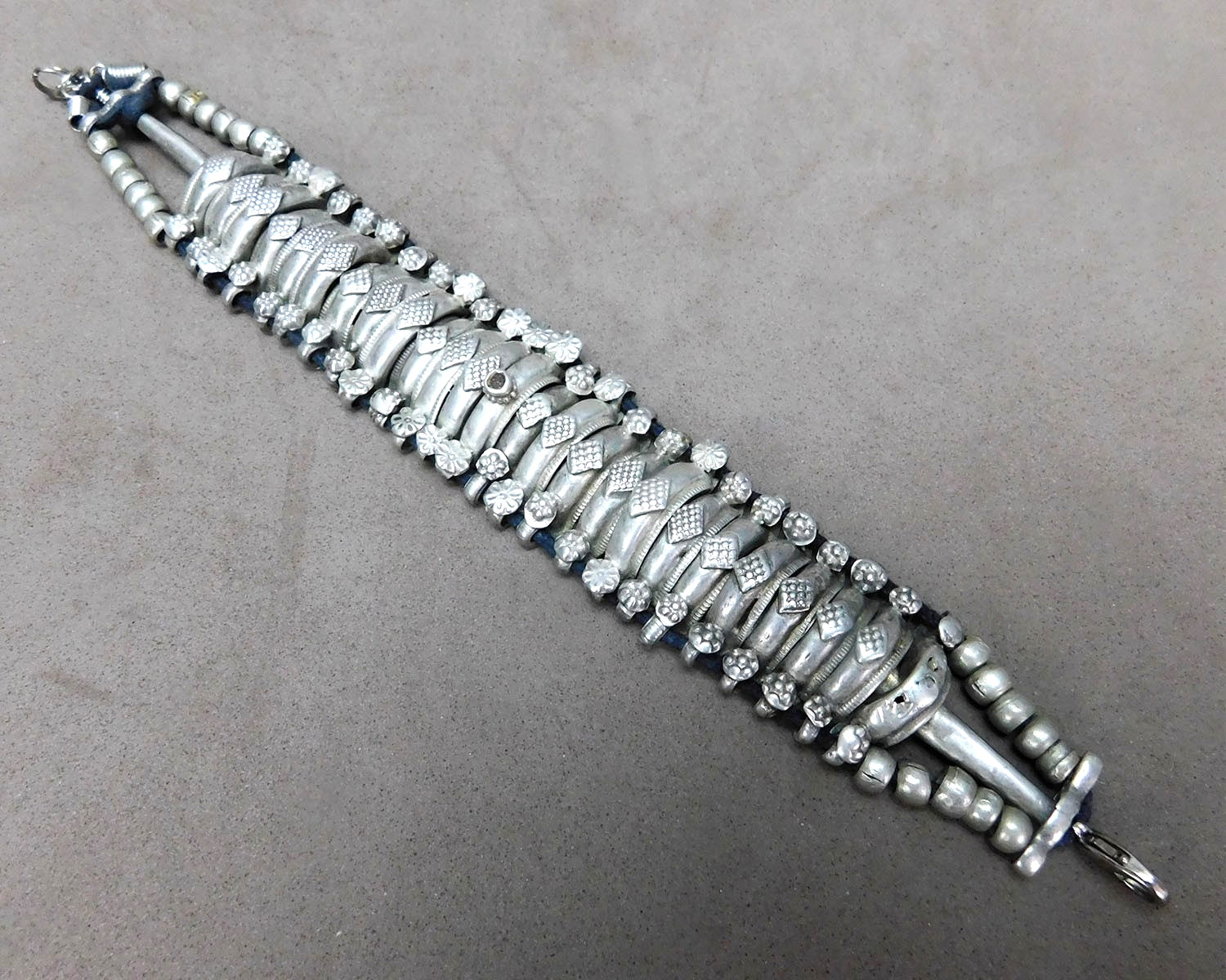 Vintage Handmade Segmented Silver Tone Metal Bracelet Small Stone Clean Used