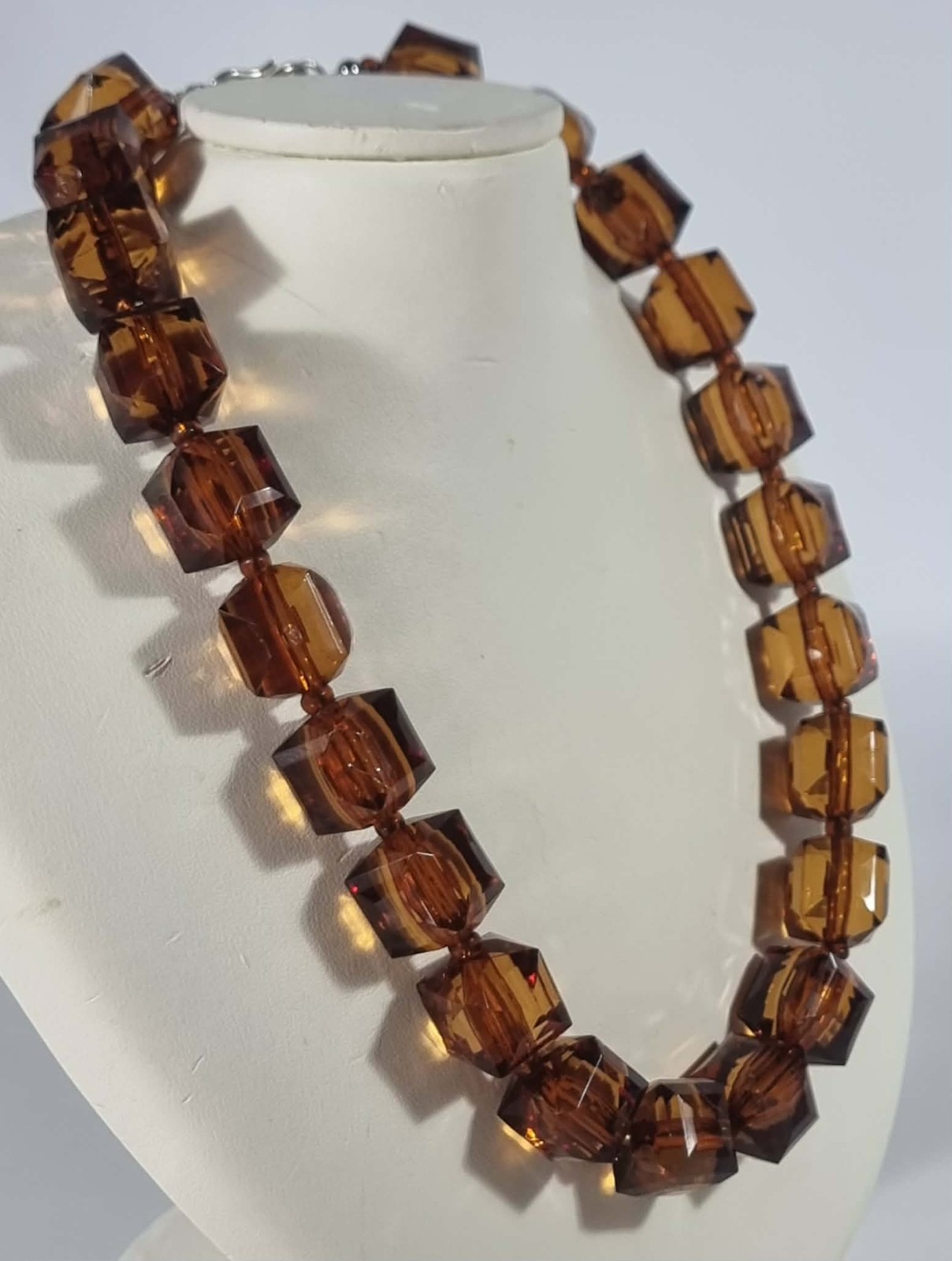 Vintage Amber Lucite Bead Necklace Sterling Silver 45cm Faceted