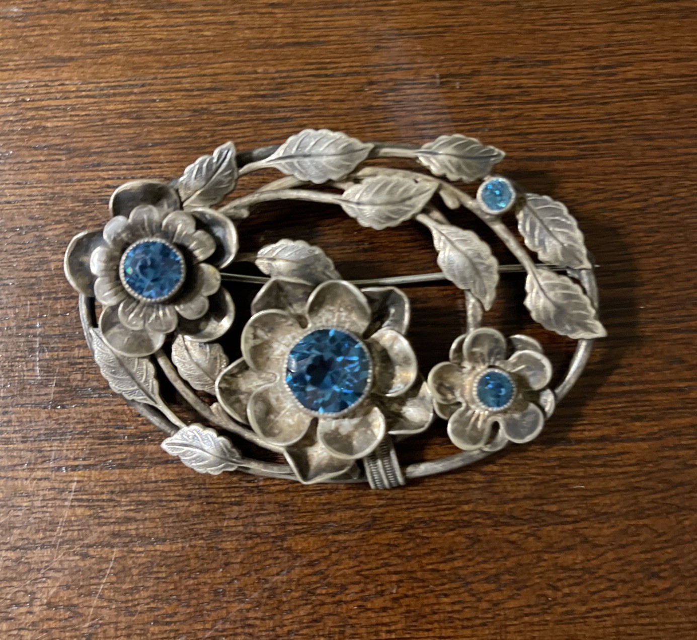 Vintage Brooch / Pin Lot (7) Silver Toned Blue Rhinestones Enamel Cabochon GUC
