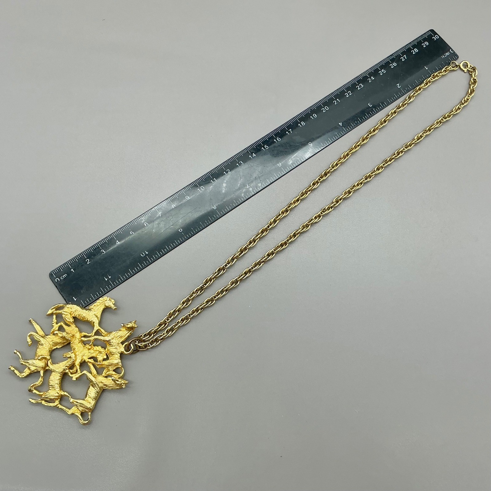 Vintage Necklace Equestrian Running Wild Horses Gold Tone Pendant Statement