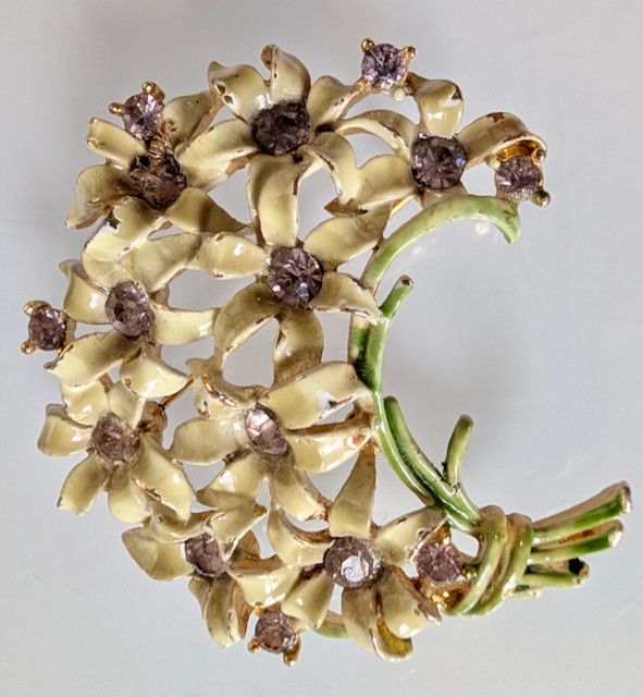 Vintage Floral Enamel Bouquet Design Brooch Lavender Rhinestones Gold Tone
