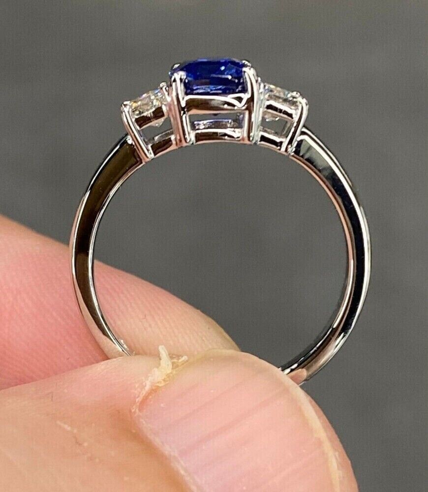 Cushion Cut Sapphire & Lab Created Diamond Three-Stone Wedding 925 Silver Ring