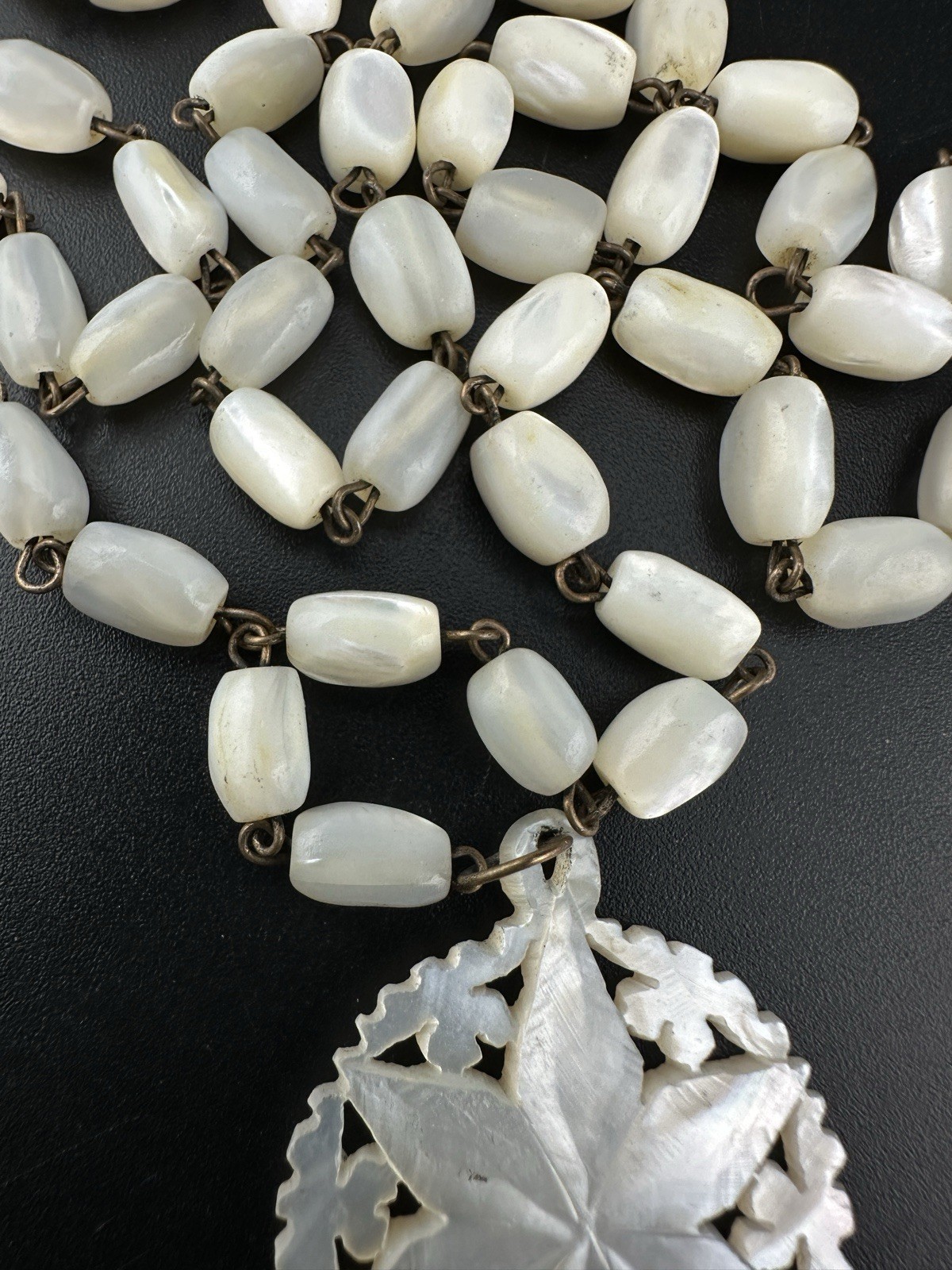 Antique Hand Carved Mother Of Pearl Star Beaded Pendant Necklace – Rosary