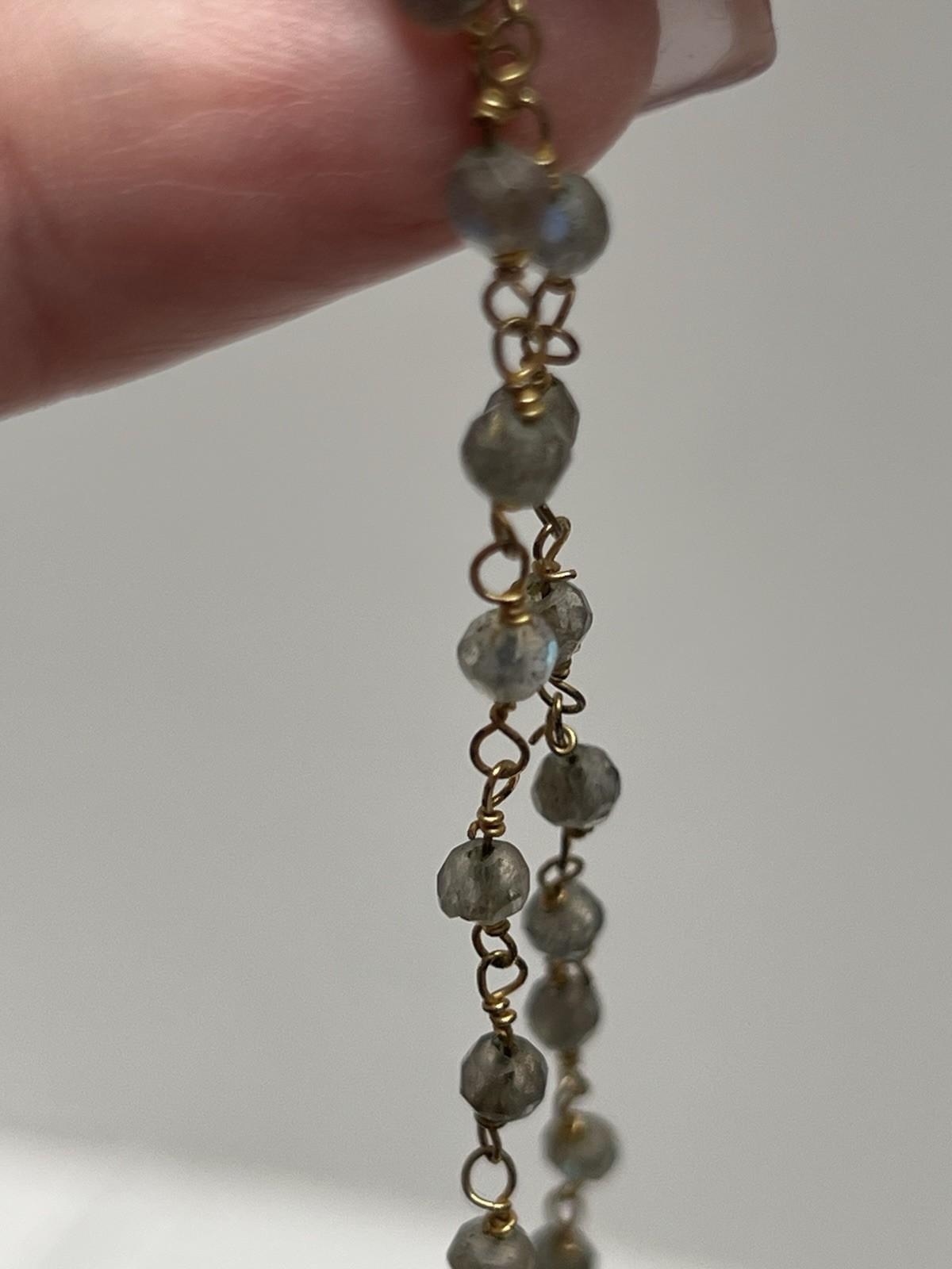Vintage Dainty Labordorite Chain Necklace Paua Shell Pendant Gold Tone 16”