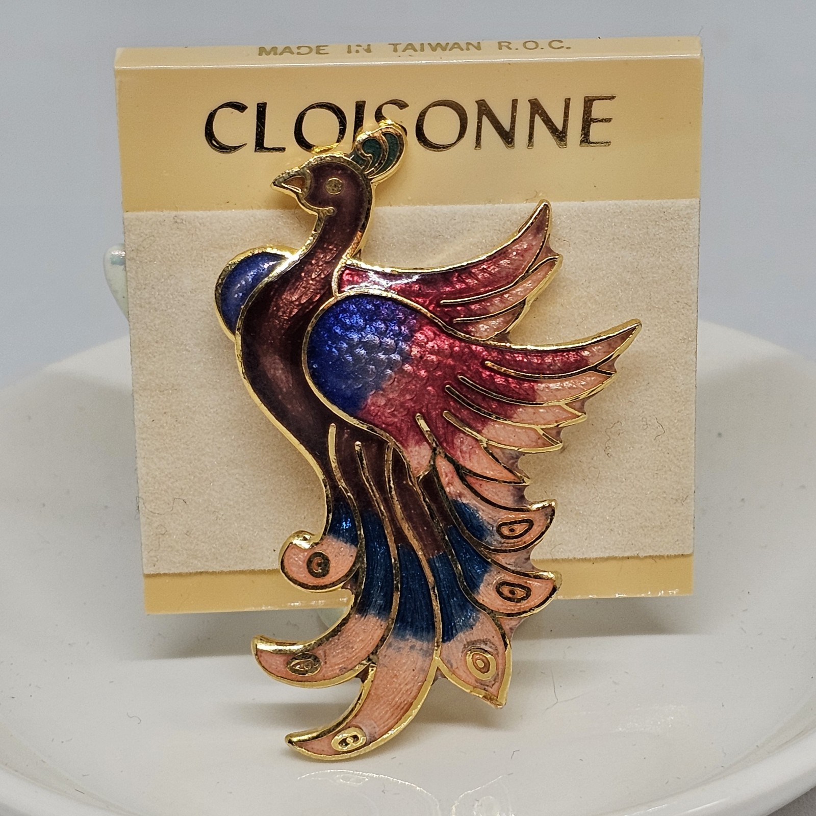 Vintage Cloisonne Enamel Bird Brooch Pin Blue Red Gold Bird