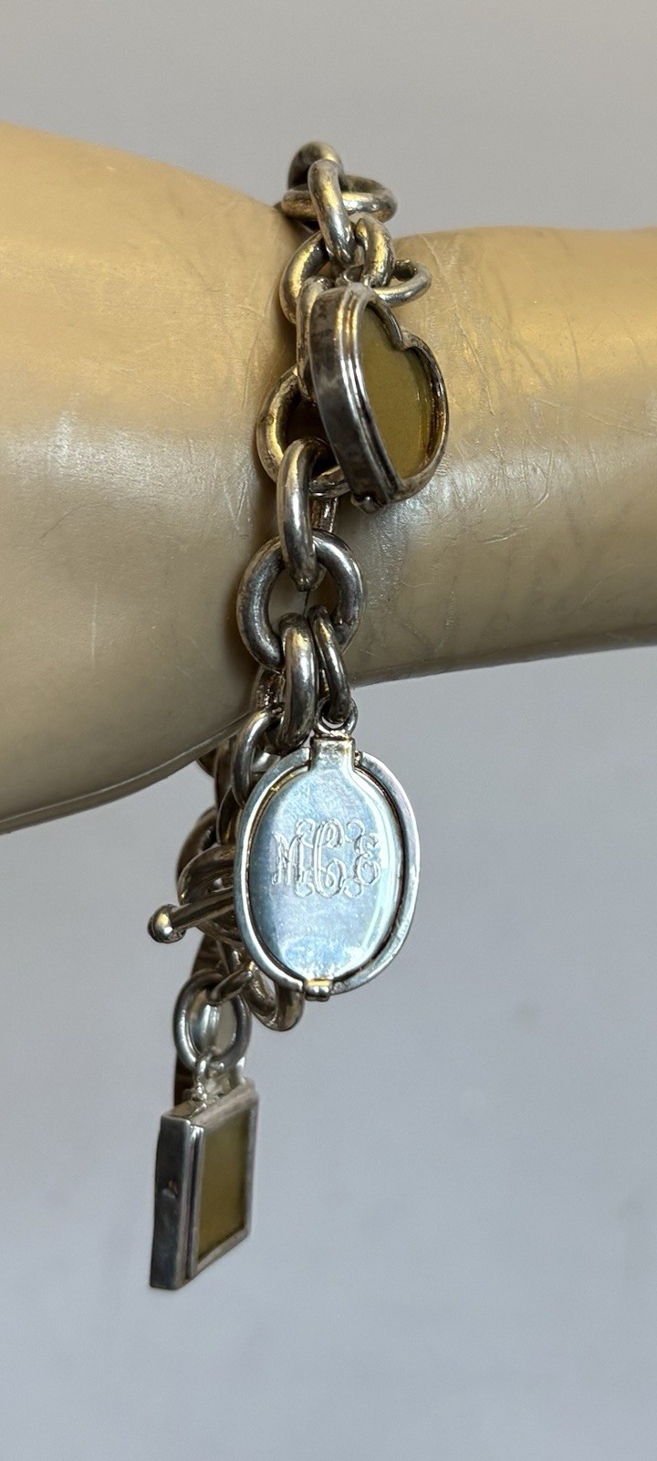 Vintage Photo Locket Charm Bracelet Silverplated Toggle 8” Heart Oval Square 6P