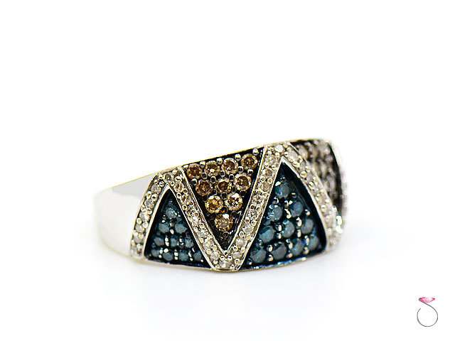 Beautiful Blue, Champagne & White 2.50 ct diamond Ring, 14k White Gold Band SZ 9