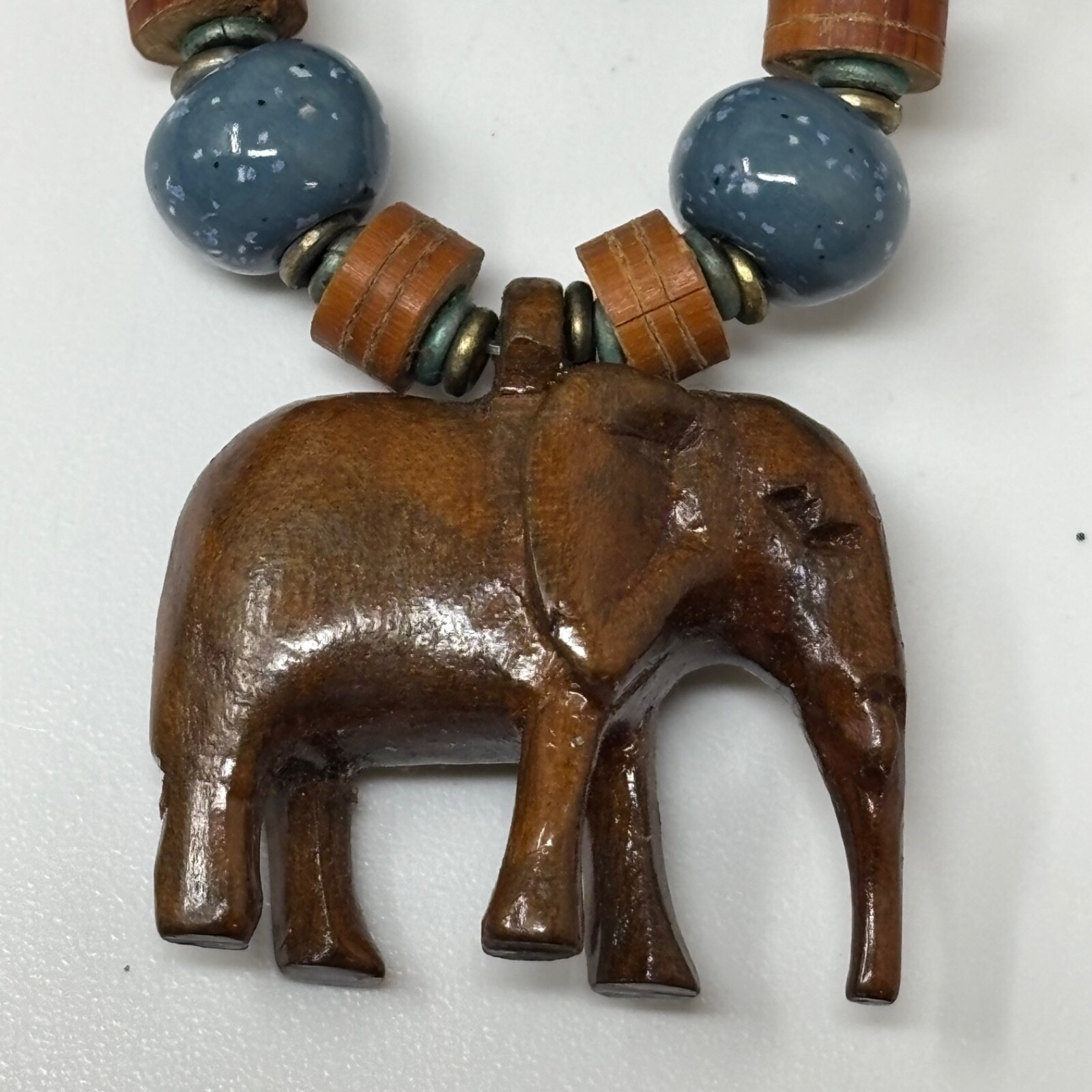 Vintage Beaded Necklace Blue Ceramic Tan Wood with Elephant Pendant Verdigris