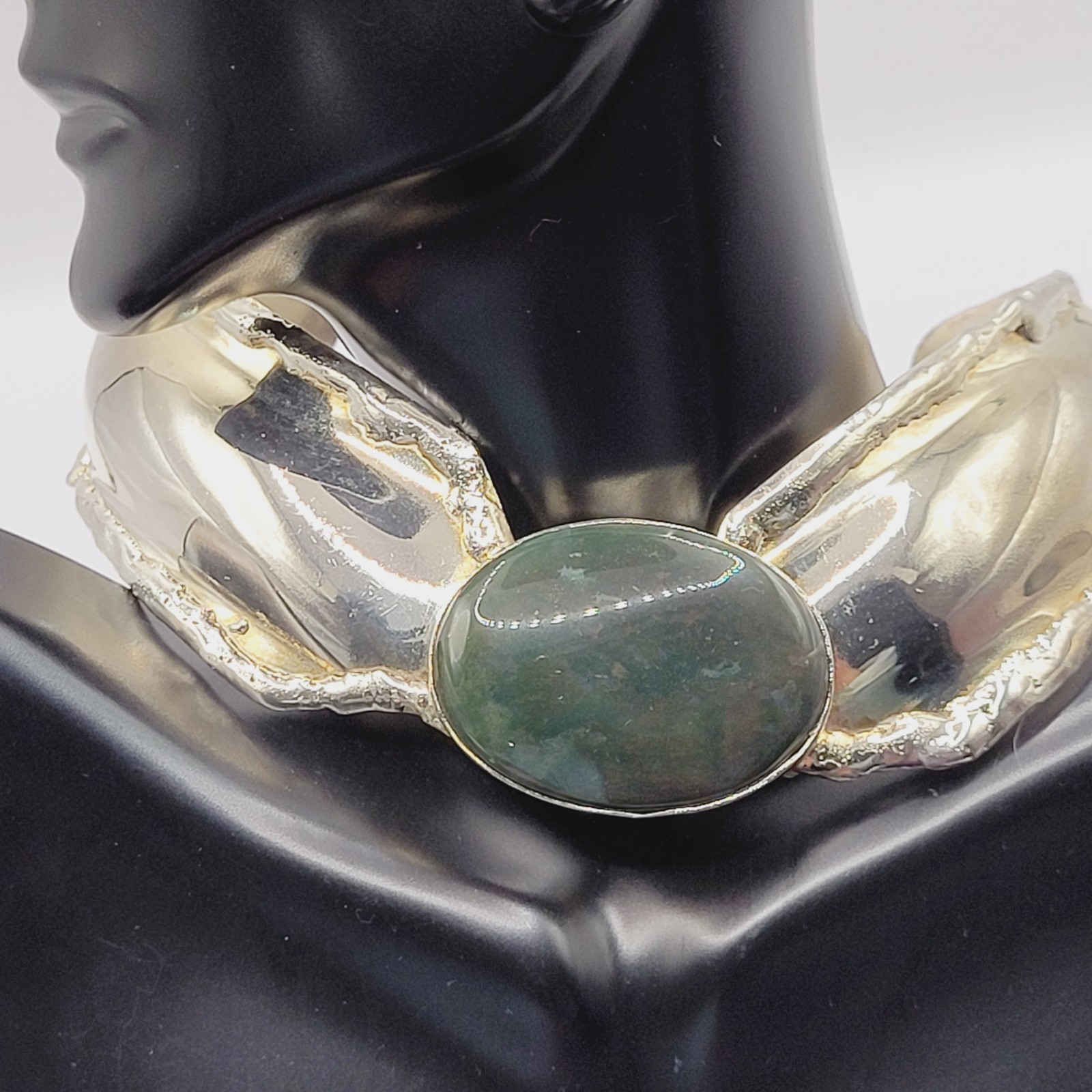 SW Style Collar Handmade Silver Tone Metal Green Agate Stone ROUGH Vtg Necklace