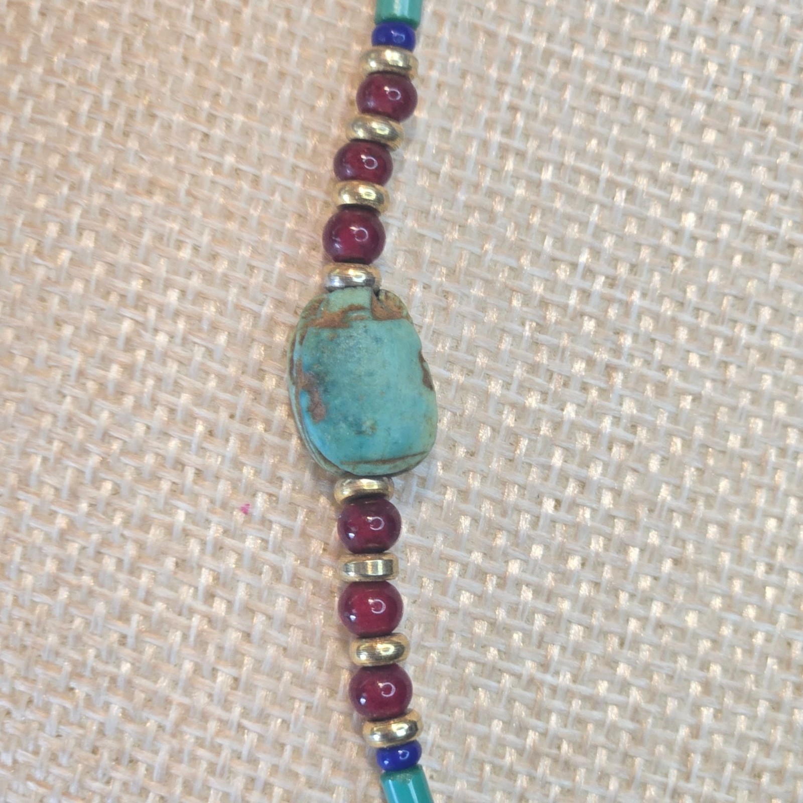 Vintage Egyptian Revival Necklace With Teal Scarab Beads & Red Gold Glass boho