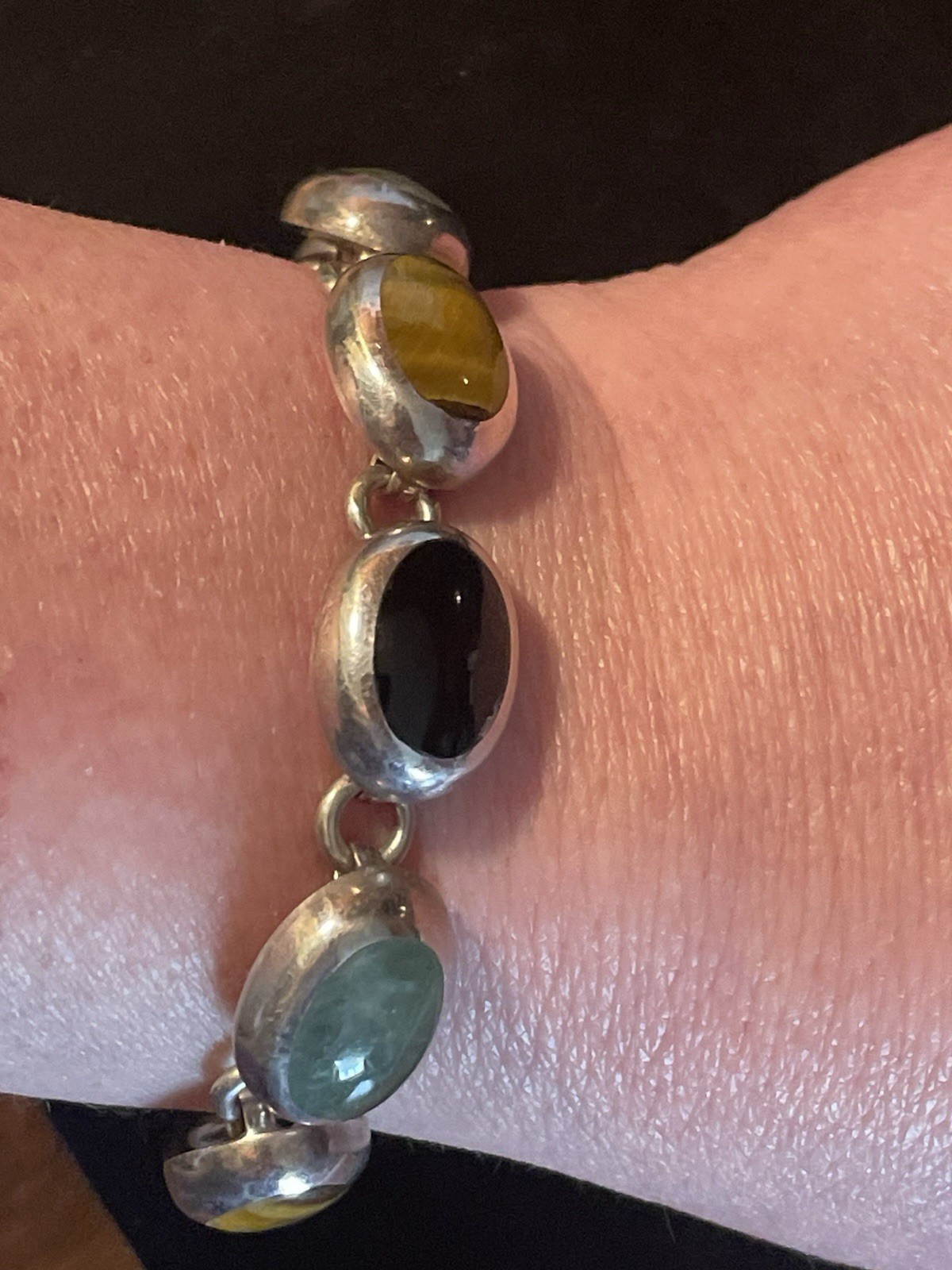 Vintage Taxco Sterling Silver Jade, Tigers Eye & Onyx Chain Link Bracelet. 7”