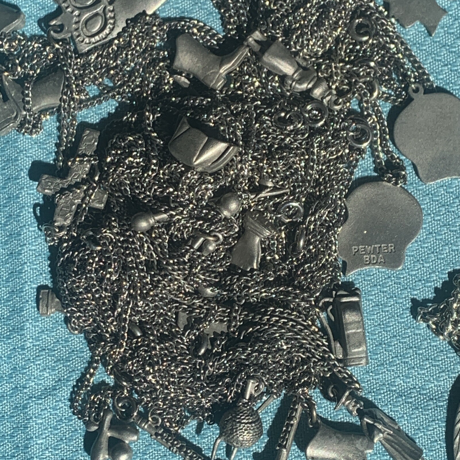 Vintage Pewter BDA Pendant Necklace Lot Of 40 Mixed Variety Signed NOS LBS610