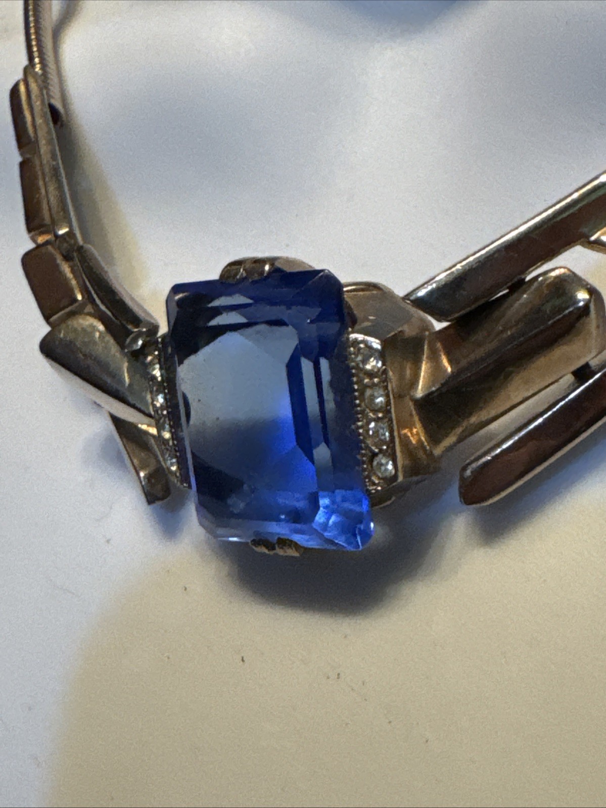 Vntg Art Deco Faceted Peking Blue Glass Open Back Choker Necklace Corocraft? EUC