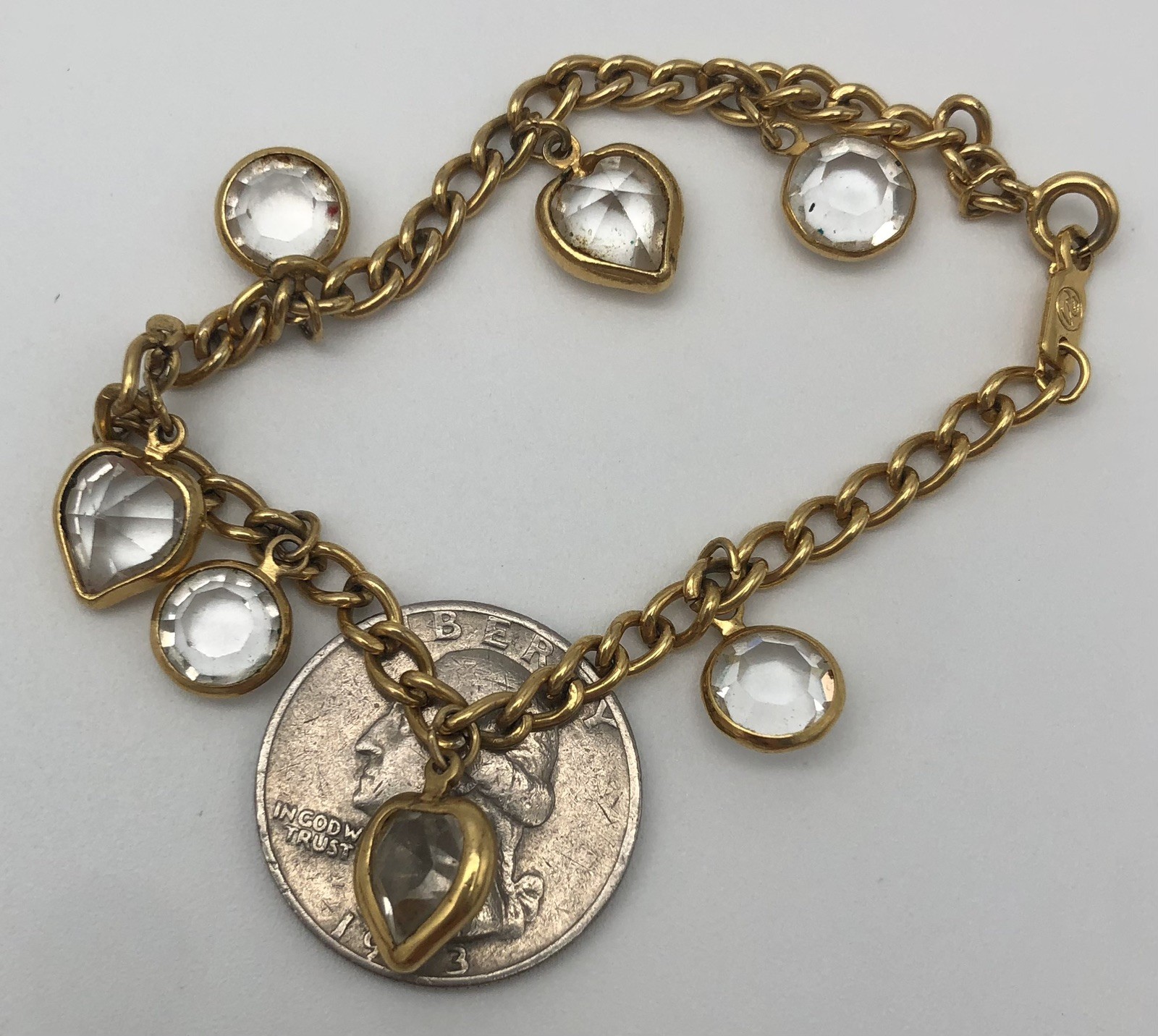 Vintage Swarovski Brand Clear Heart Charm Bracelet Goldtone 7″