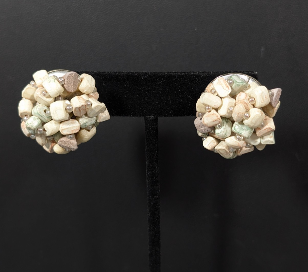 Vintage Pastel Faux Stone Beaded Cluster Round Earrings Pierced Acrylic