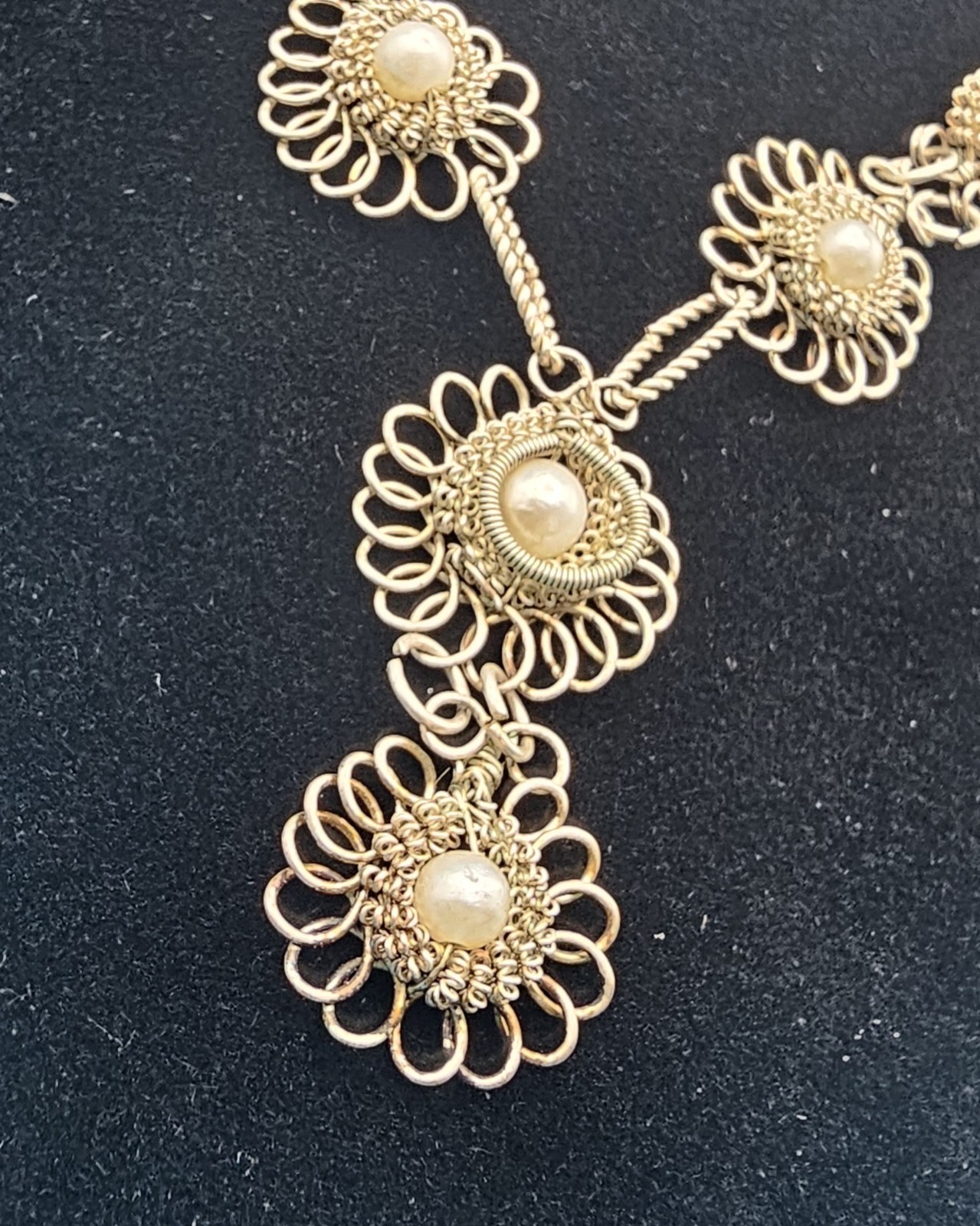 Vintage Cannetille Spun Wire Necklace Lot 2 Faux Pearl Rhinestone Original Clasp