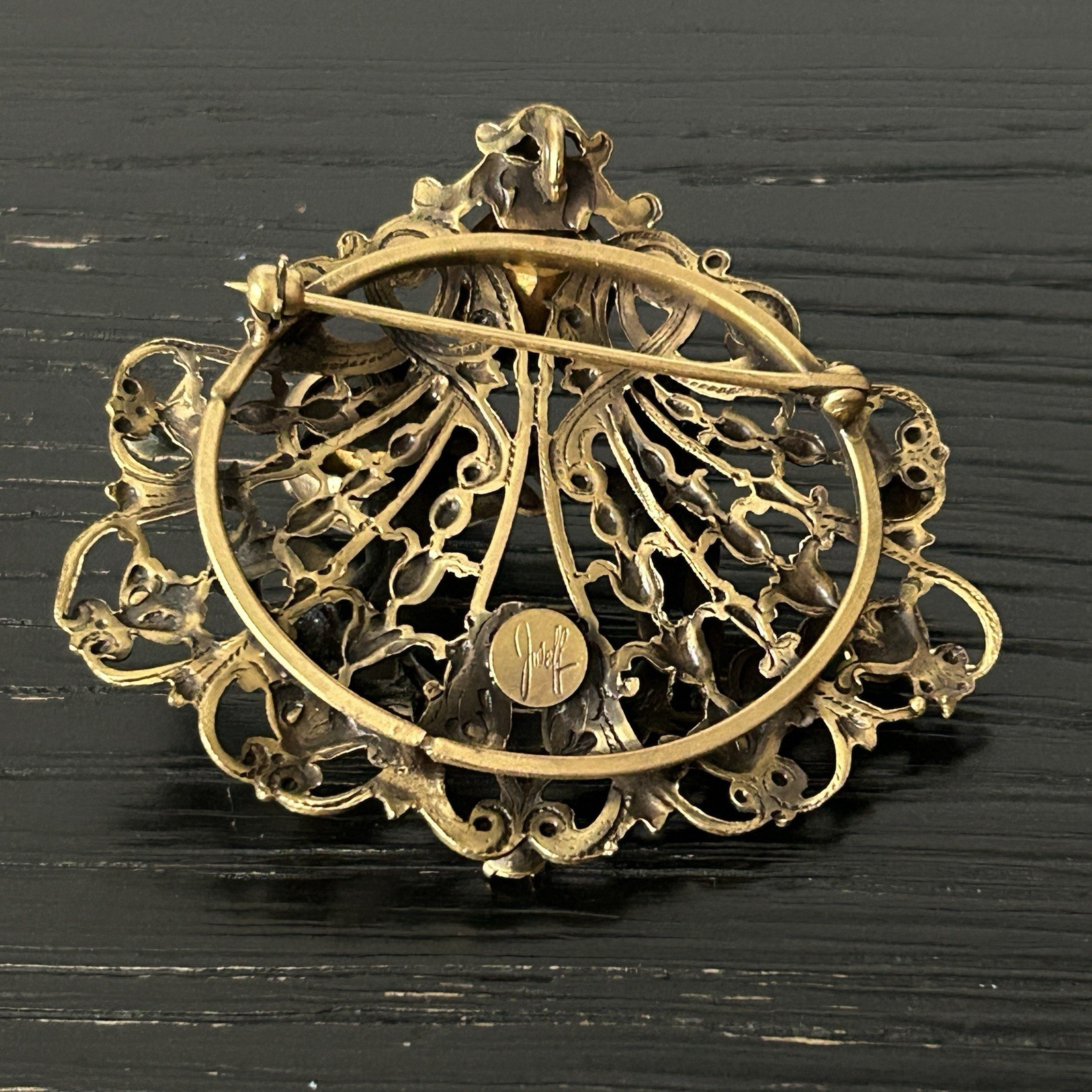 VTG Joseff of Hollywood Brooch/Pendant Gilt Brass Dangling Rhinestone Cherubs