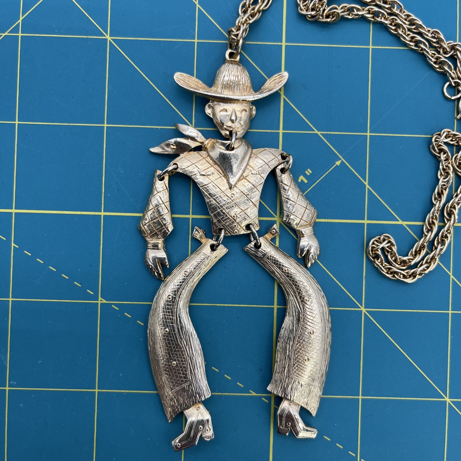 Vintage Gold Tone 4.25” Articulated Bow Legged Cowboy Pendant 24” Chain