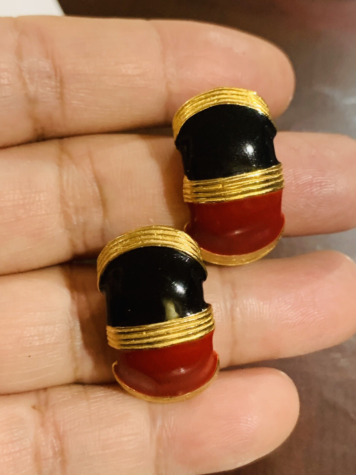 Vintage Gay Boyer Gold Tone Art Deco Red Blue Mod Clip On Earrings
