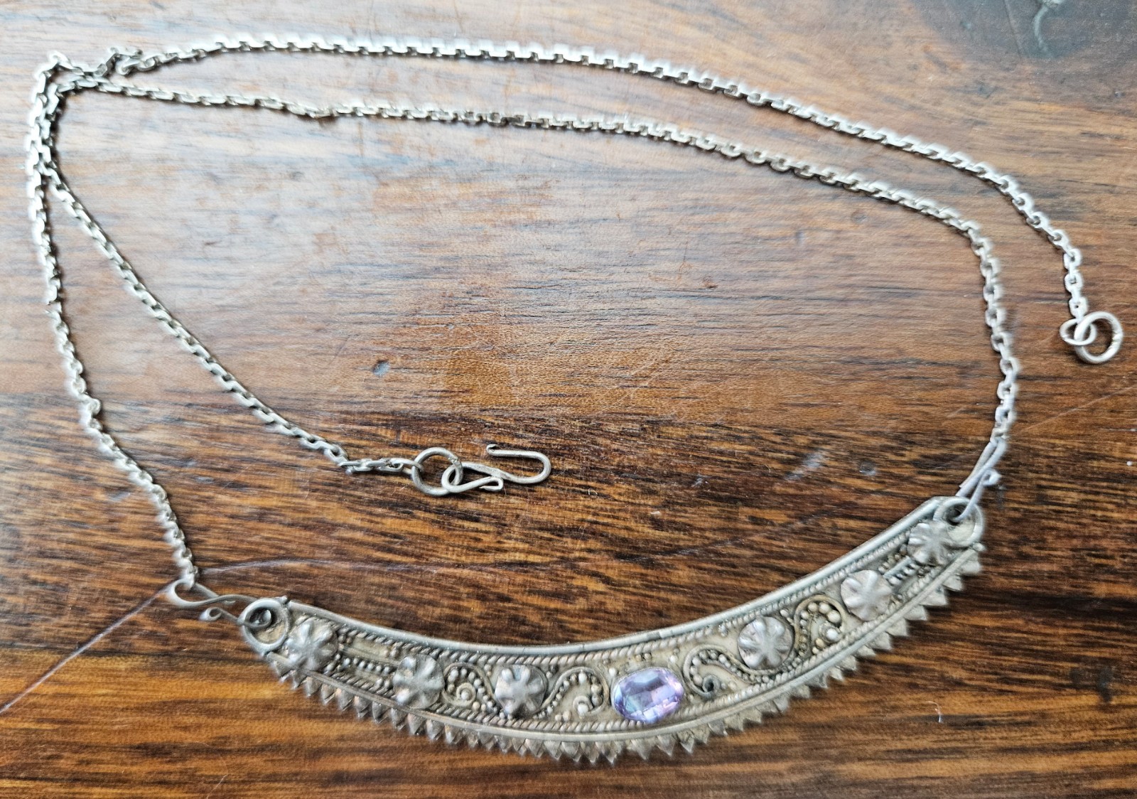 Vintage 925 Sterling Silver Amethyst Embellishments Crescent Necklace 16.5 in