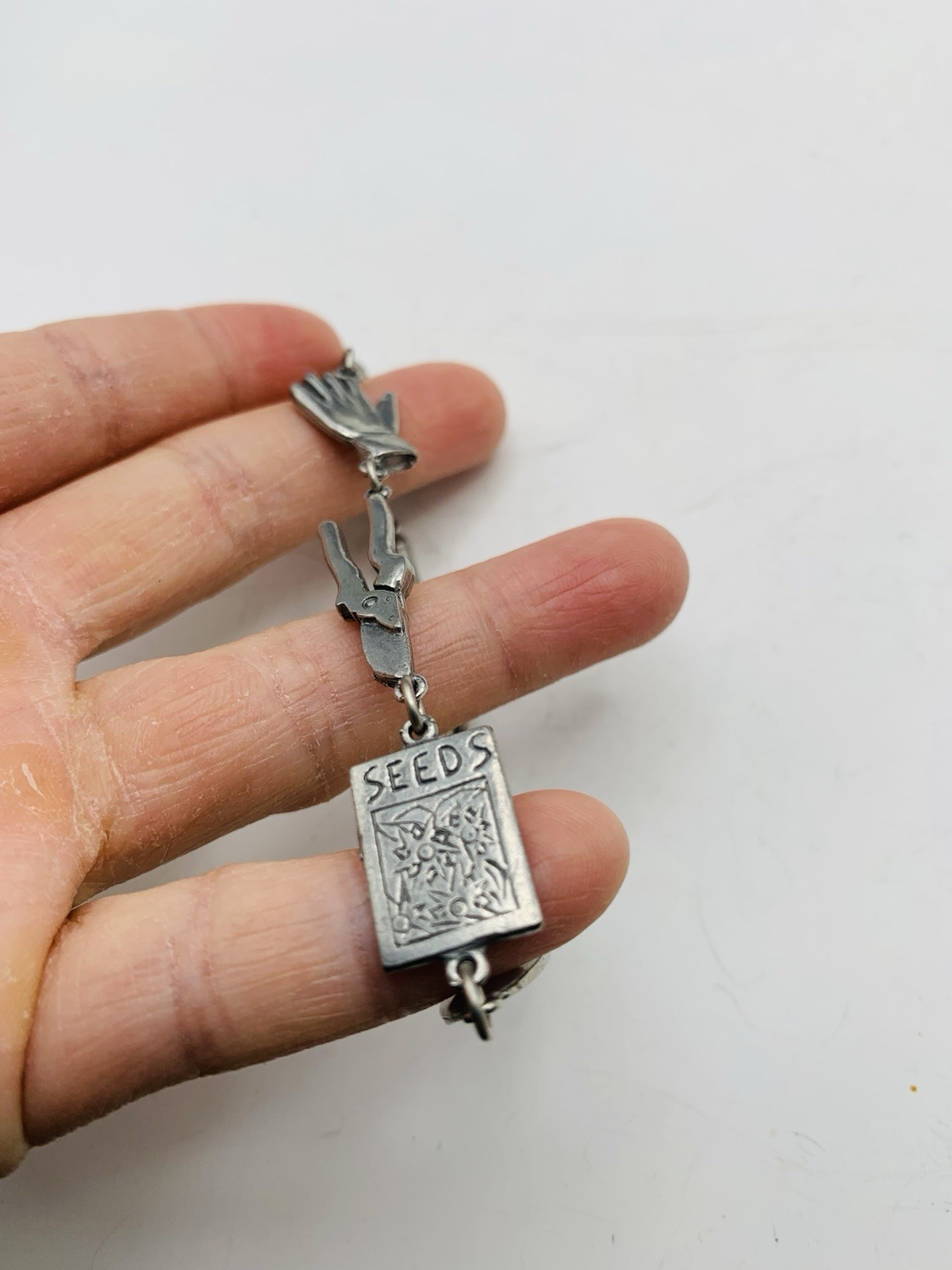 Vintage 7″ Signed Jim Clift Pewter USA Silver Tone Gardening Charm Bracelet