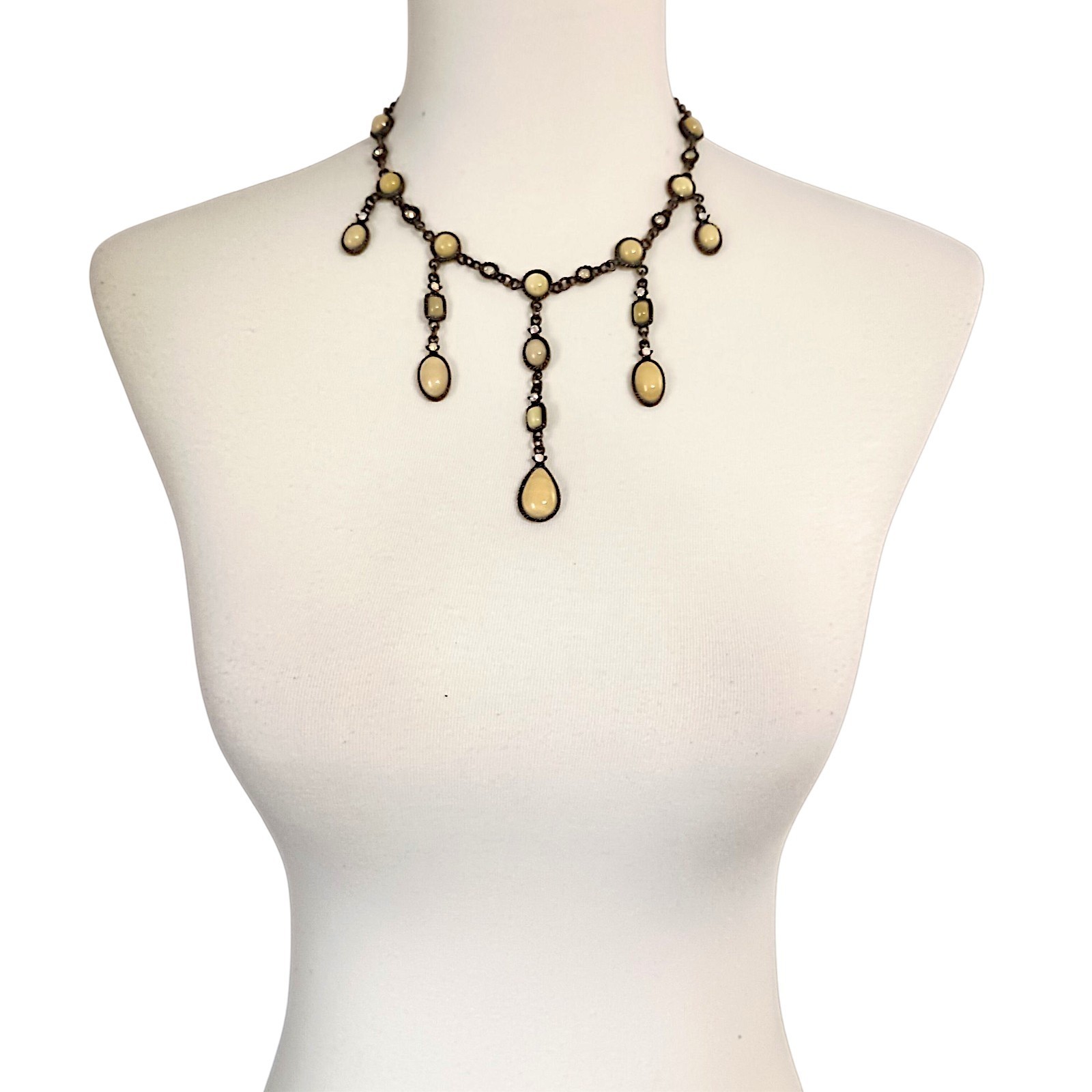 Vtg 90s Chandelier Bib Necklace Statement Egg Yolk Cabochon Art Nouveau Collar