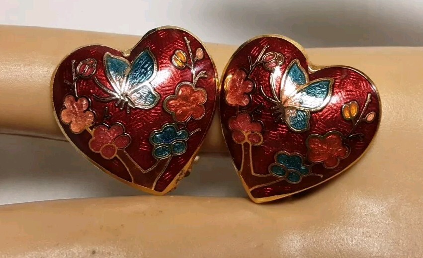 Earring Gold Tone Cloisonne Red Pink Blue Puff Heart Floral Butterfly Clip Vtg