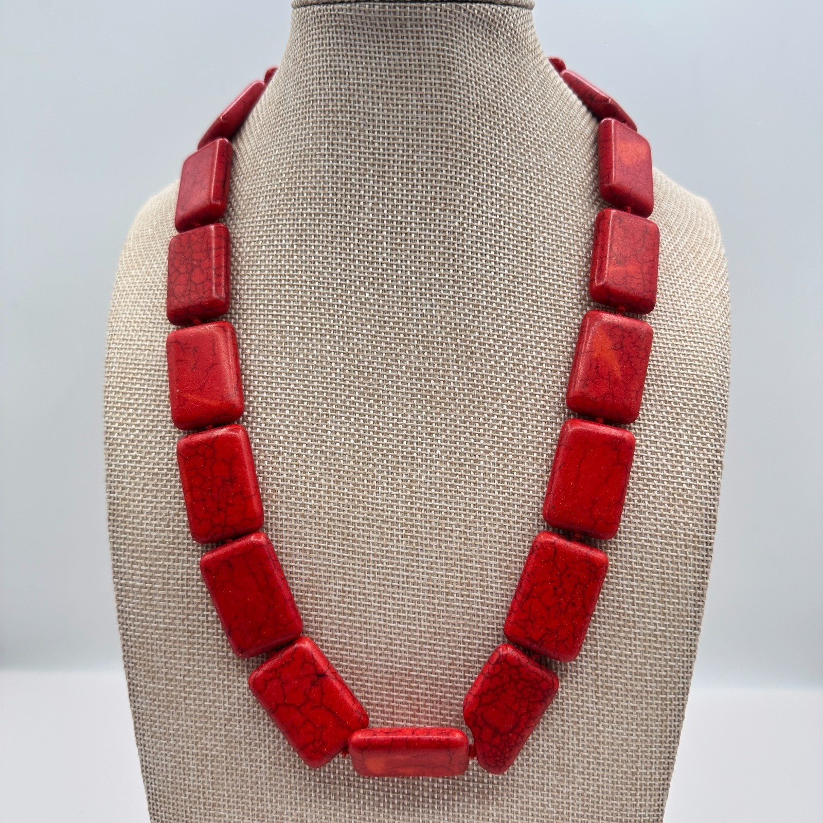 Vintage 90s Red Howlite Turquoise Rectangle Beaded Statement Necklace Jewelry