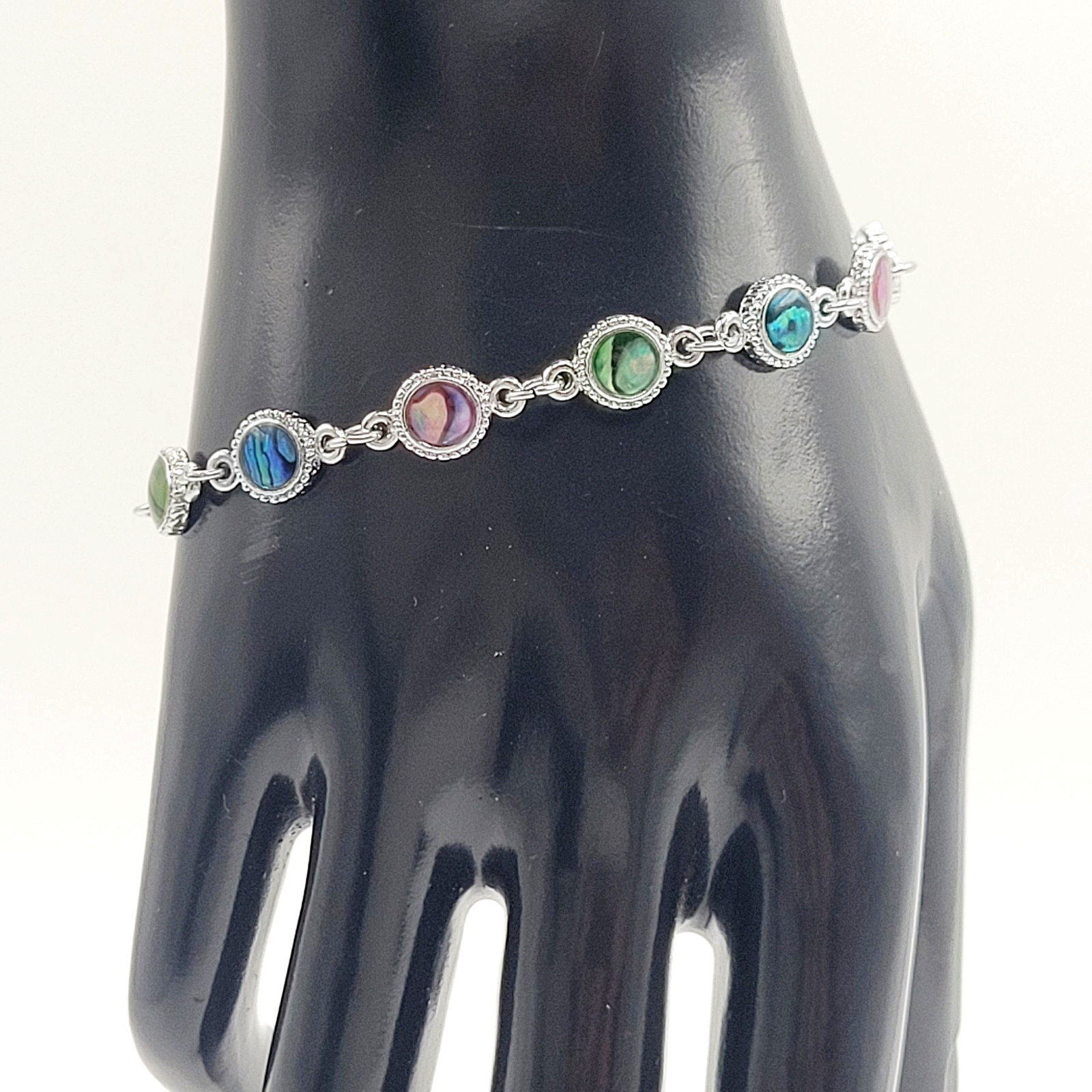 Signed SJ Colorful Paua Abalone Shell Silver Tone Link Vintage Bracelet 7.25 in