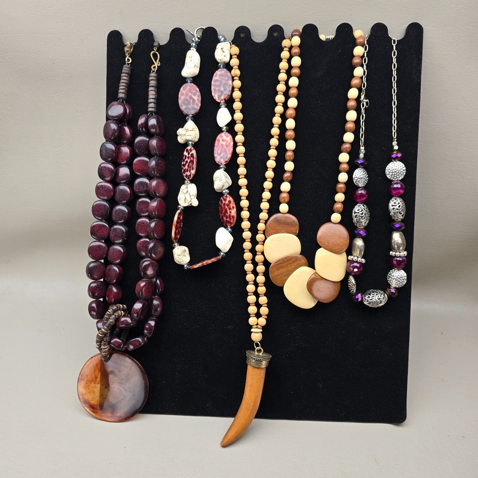 Vintage Beaded Necklace Lot Statement Wood Acrylic Glass Earthy Boho 5 Pieces